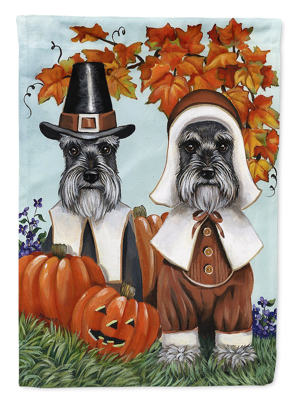 Schnauzer Thanksgiving Pilgrims House Flag 28x40 Porch Sleeve Pole Decorative Outside Yard Banner Artwork Wall Hanging, Polyester