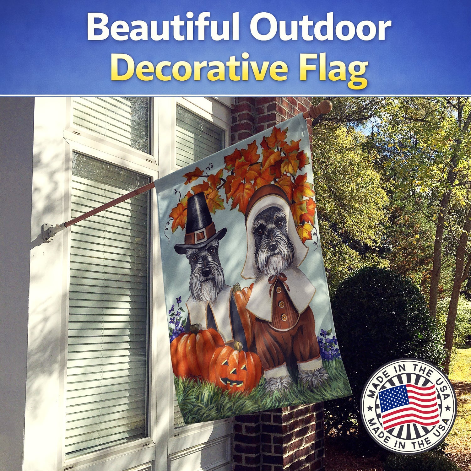 Schnauzer Thanksgiving Pilgrims House Flag 28x40 Porch Sleeve Pole Decorative Outside Yard Banner Artwork Wall Hanging, Polyester