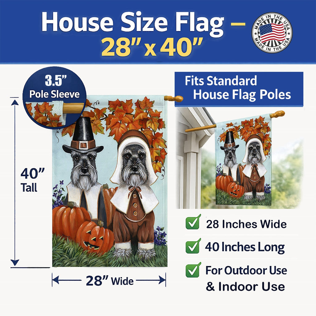 Schnauzer Thanksgiving Pilgrims House Flag 28x40 Porch Sleeve Pole Decorative Outside Yard Banner Artwork Wall Hanging, Polyester