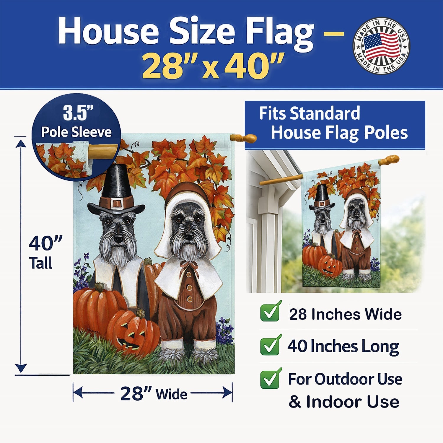 Schnauzer Thanksgiving Pilgrims House Flag 28x40 Porch Sleeve Pole Decorative Outside Yard Banner Artwork Wall Hanging, Polyester