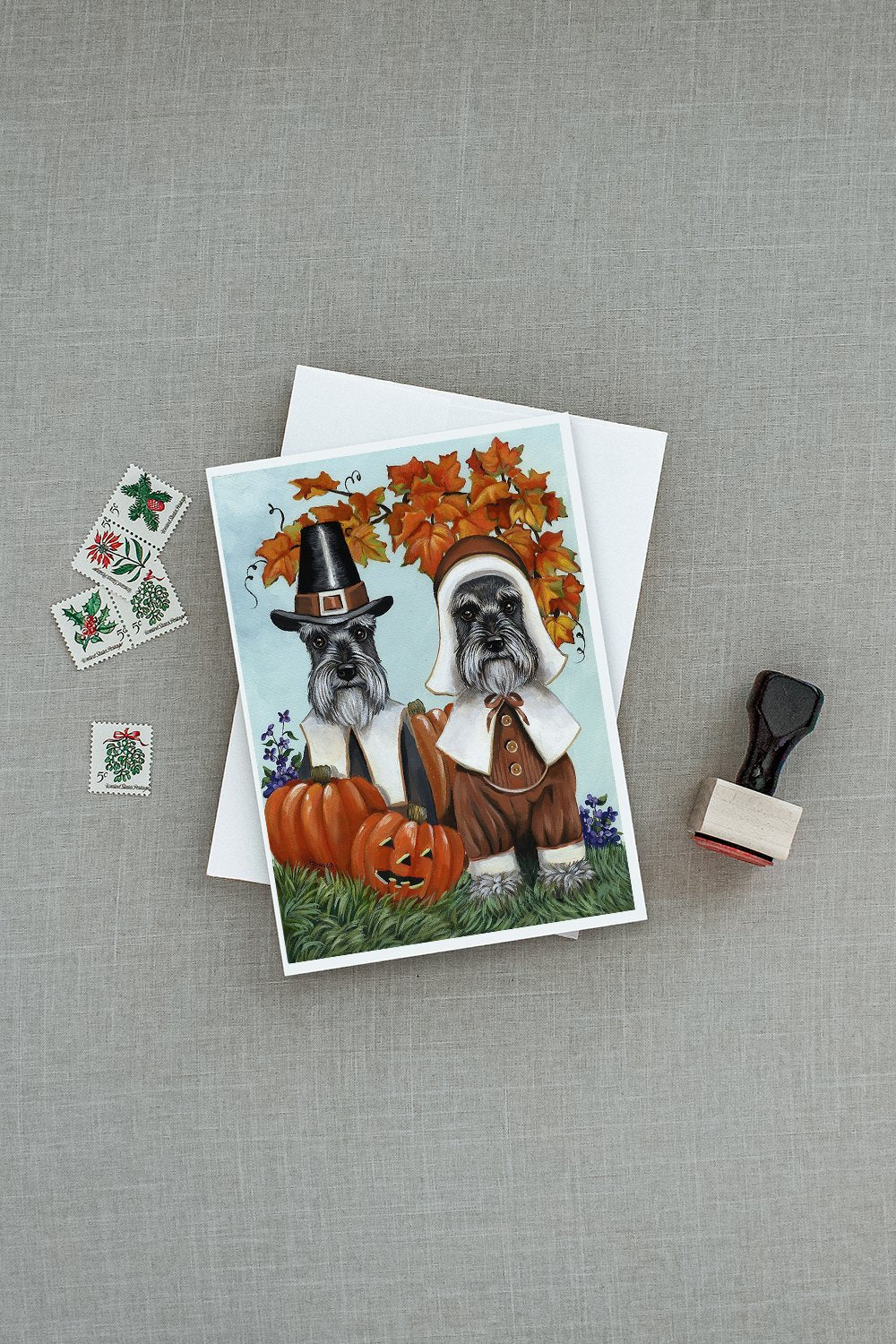 Schnauzer Thanksgiving Pilgrims Greeting Cards Pack of 8 Blank Cards with Envelopes Whimsical A7 Size 5x7