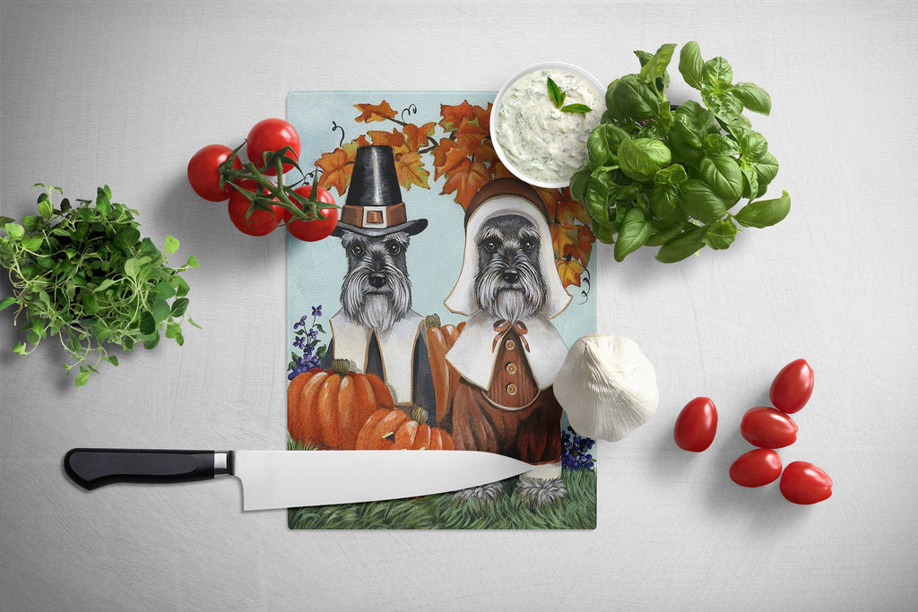 Schnauzer Thanksgiving Pilgrims Cutting Board Tempered Glass Kitchen Cutting Surface, Heat Resistant Chopping, Non-Slip Feet, Food Prep & Serving