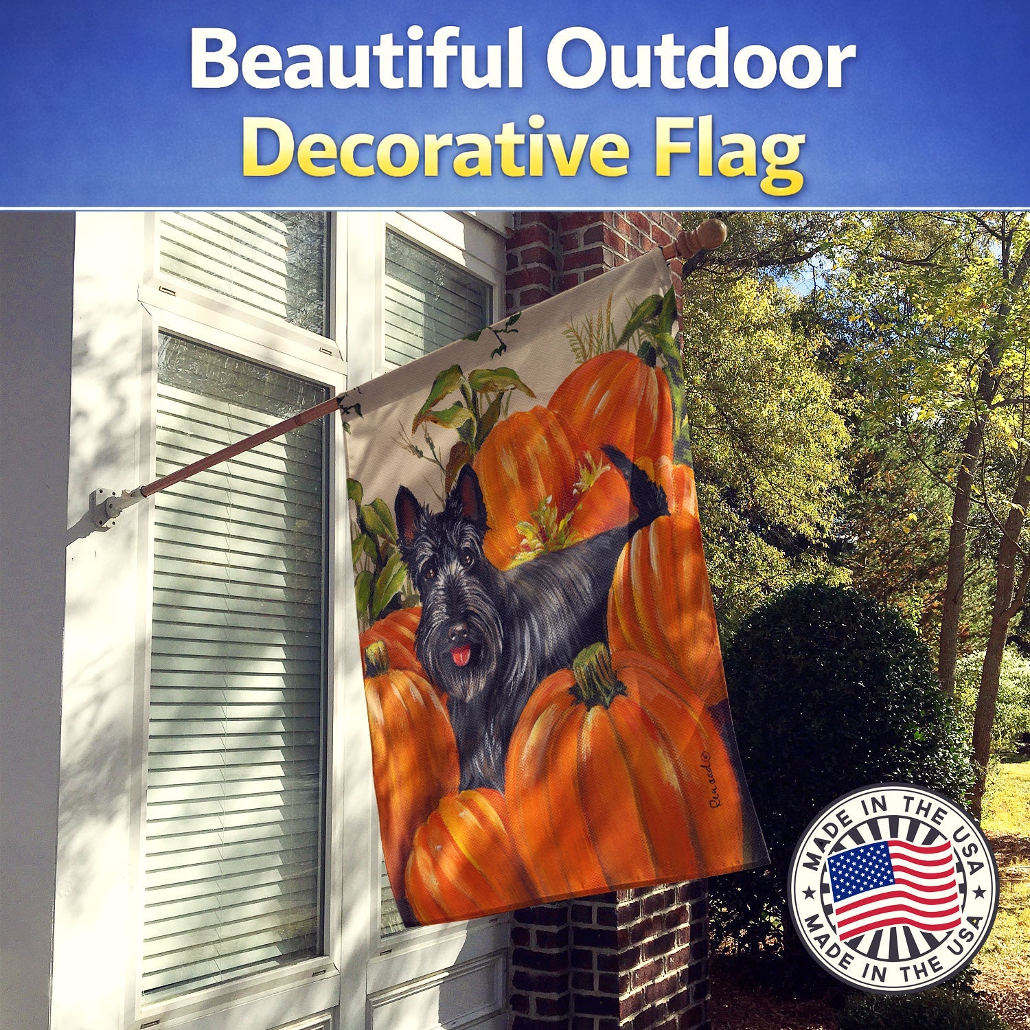 Scottish Terrier Scottie Pumpkins House Flag 28x40 Porch Sleeve Pole Decorative Outside Yard Banner Artwork Wall Hanging, Polyester