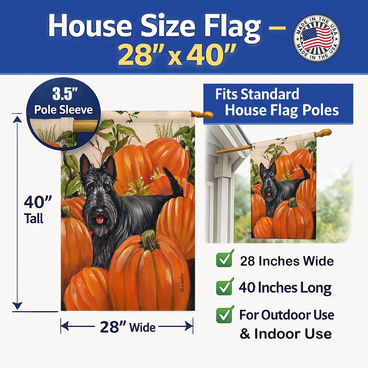 Scottish Terrier Scottie Pumpkins House Flag 28x40 Porch Sleeve Pole Decorative Outside Yard Banner Artwork Wall Hanging, Polyester