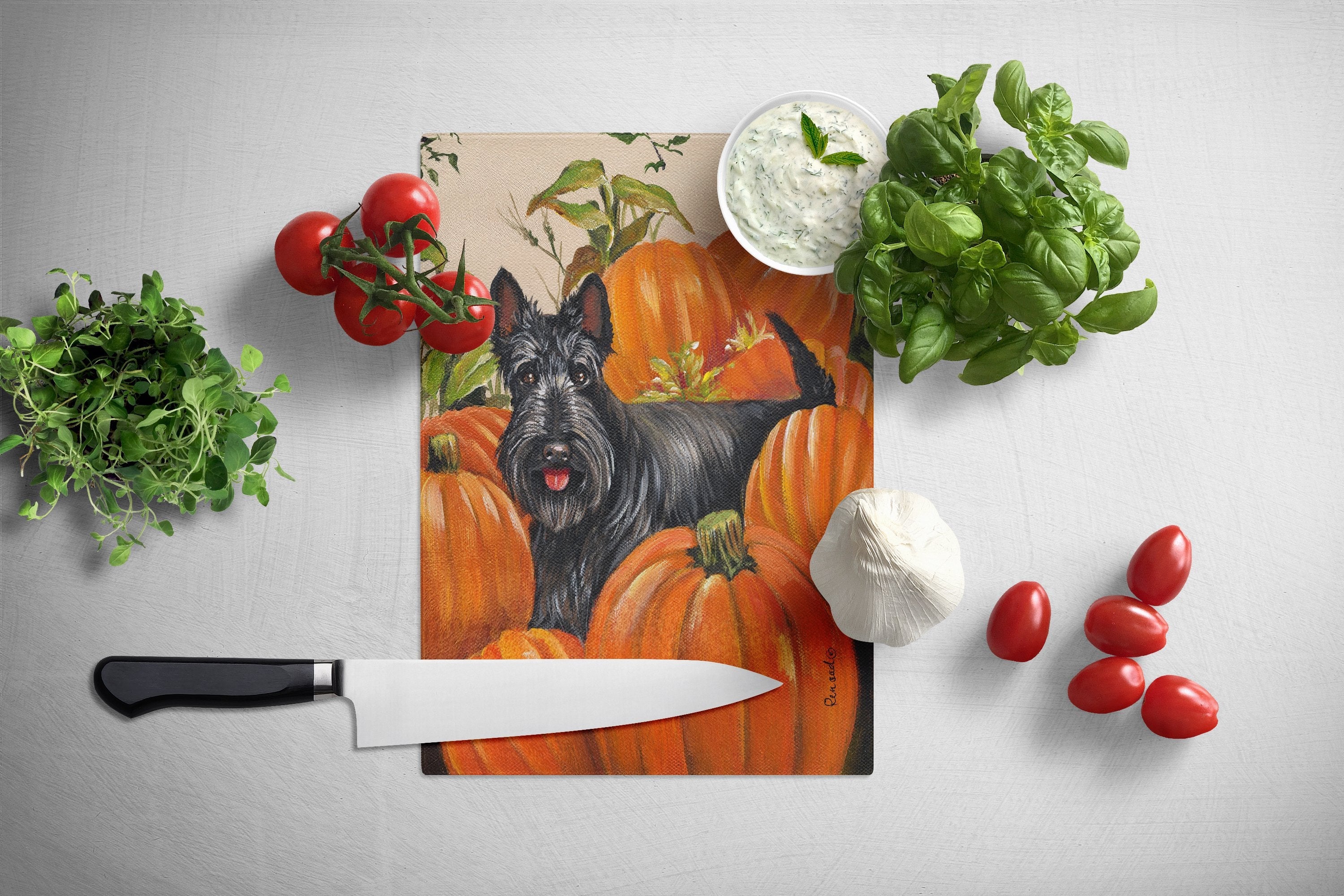 Scottish Terrier Scottie Pumpkins Cutting Board Tempered Glass Kitchen Cutting Surface, Heat Resistant Chopping, Non-Slip Feet, Food Prep & Serving