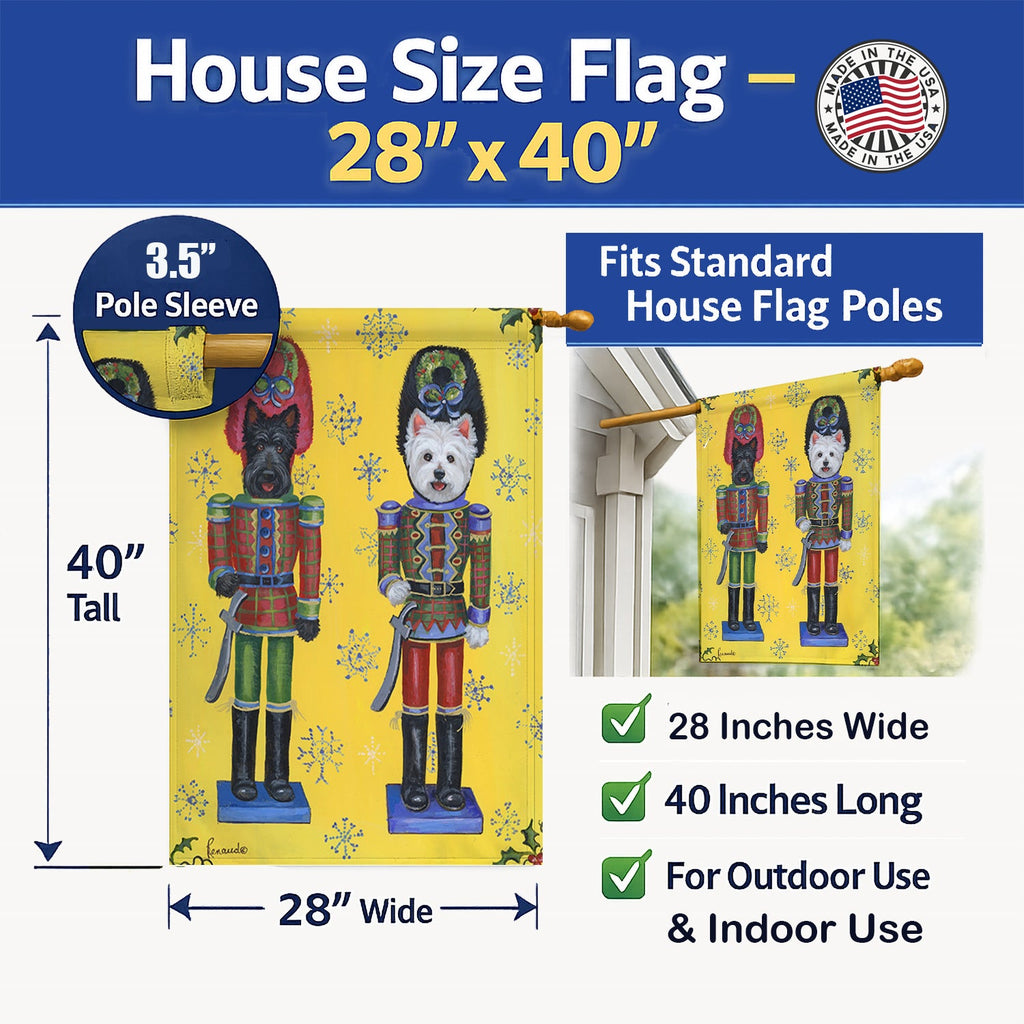 Scottie and Westie Christmas Nutcrackers House Flag 28x40 Porch Sleeve Pole Decorative Outside Yard Banner Artwork Wall Hanging, Polyester
