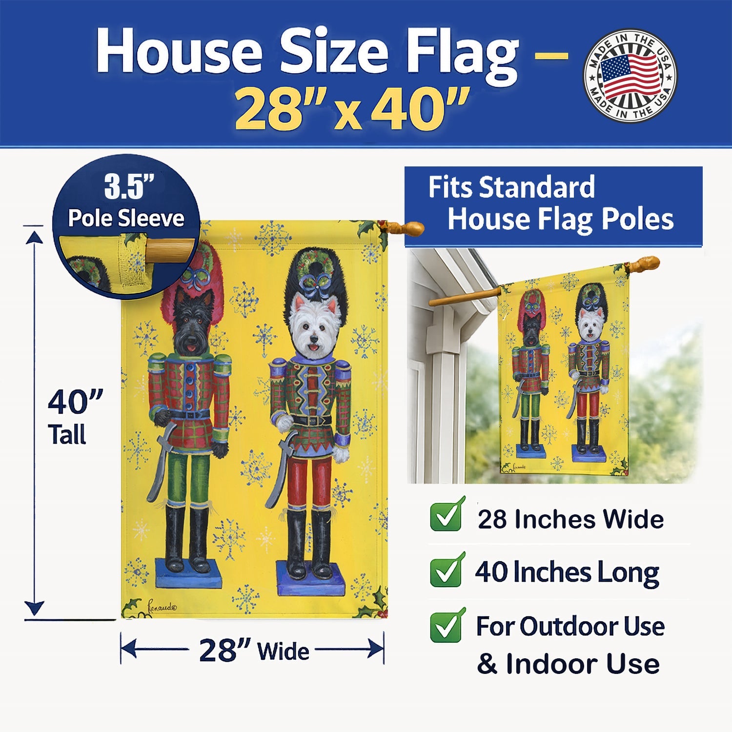 Scottie and Westie Christmas Nutcrackers House Flag 28x40 Porch Sleeve Pole Decorative Outside Yard Banner Artwork Wall Hanging, Polyester