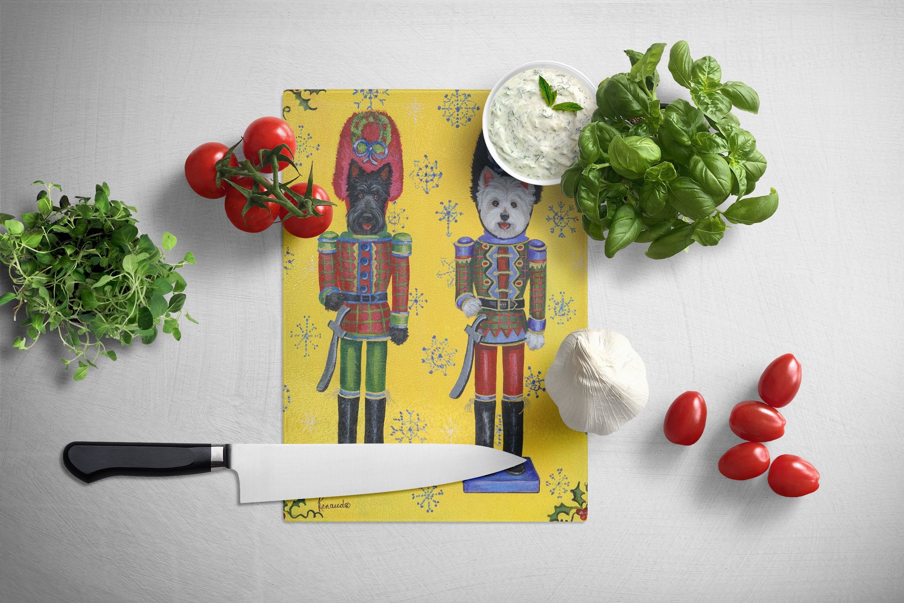 Scottie and Westie Christmas Nutcrackers Cutting Board Tempered Glass Kitchen Cutting Surface, Heat Resistant Chopping, Non-Slip Feet, Food Prep & Serving