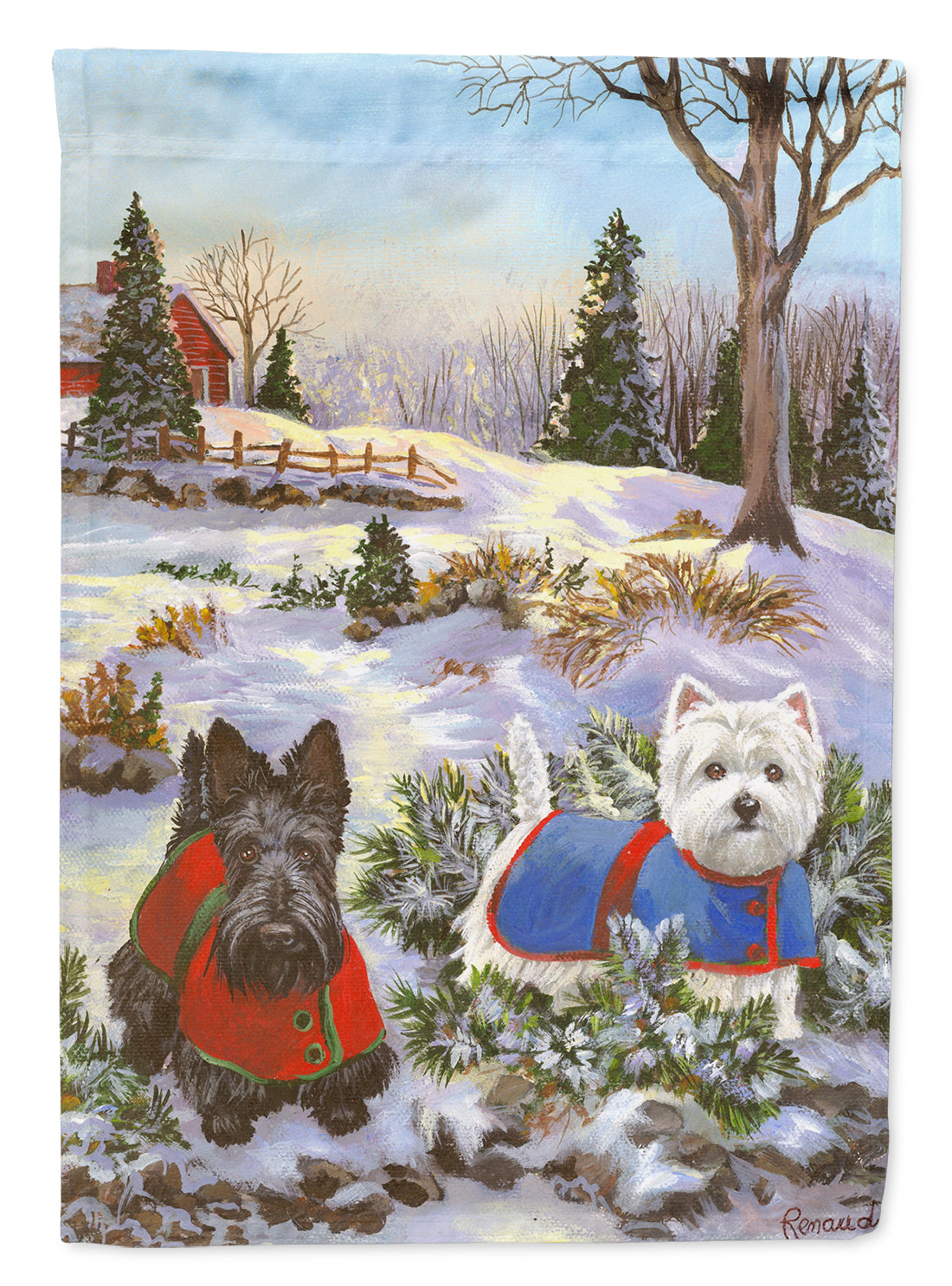 Scottie and Westie Christmas Pine Hill House Flag 28x40 Porch Sleeve Pole Decorative Outside Yard Banner Artwork Wall Hanging, Polyester