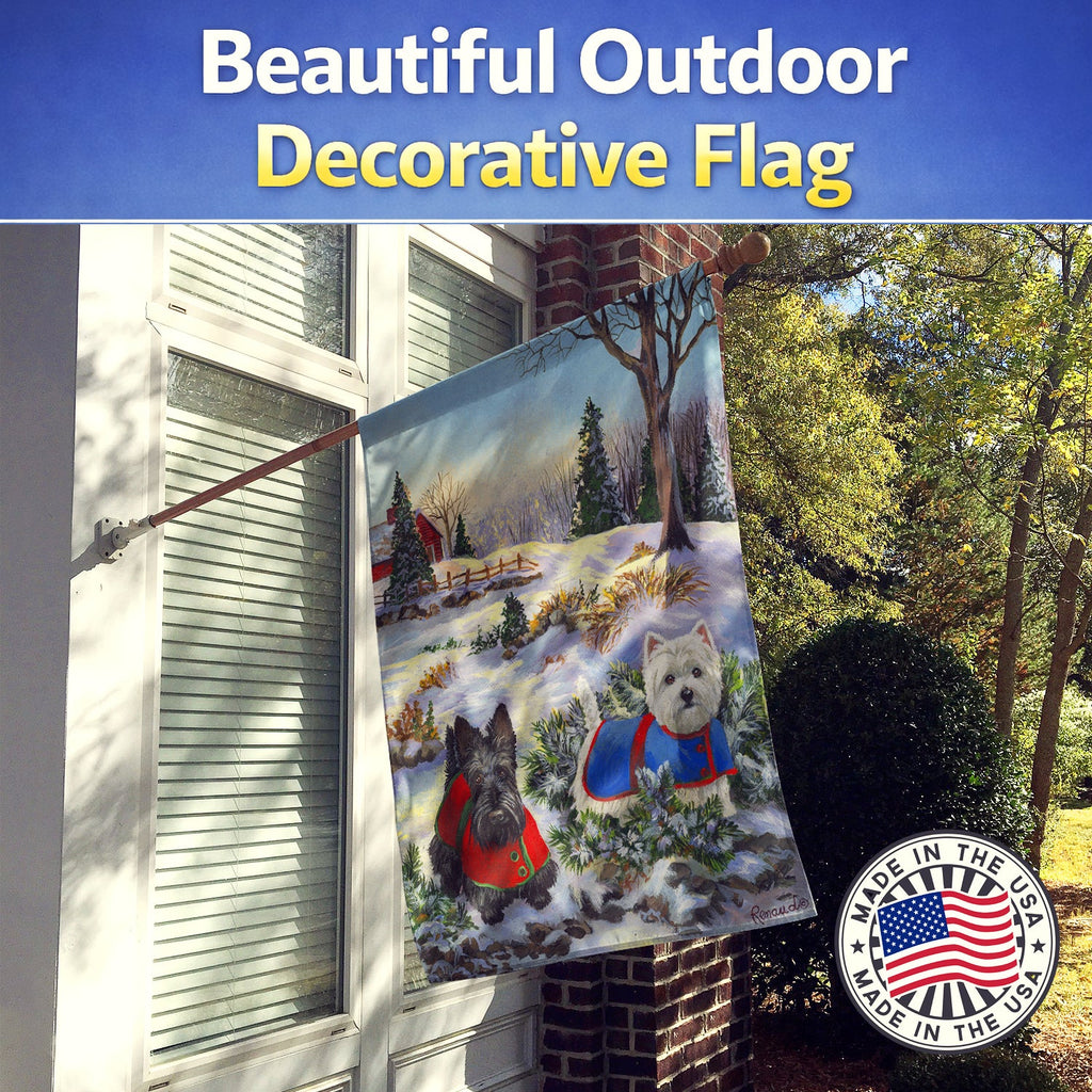 Scottie and Westie Christmas Pine Hill House Flag 28x40 Porch Sleeve Pole Decorative Outside Yard Banner Artwork Wall Hanging, Polyester