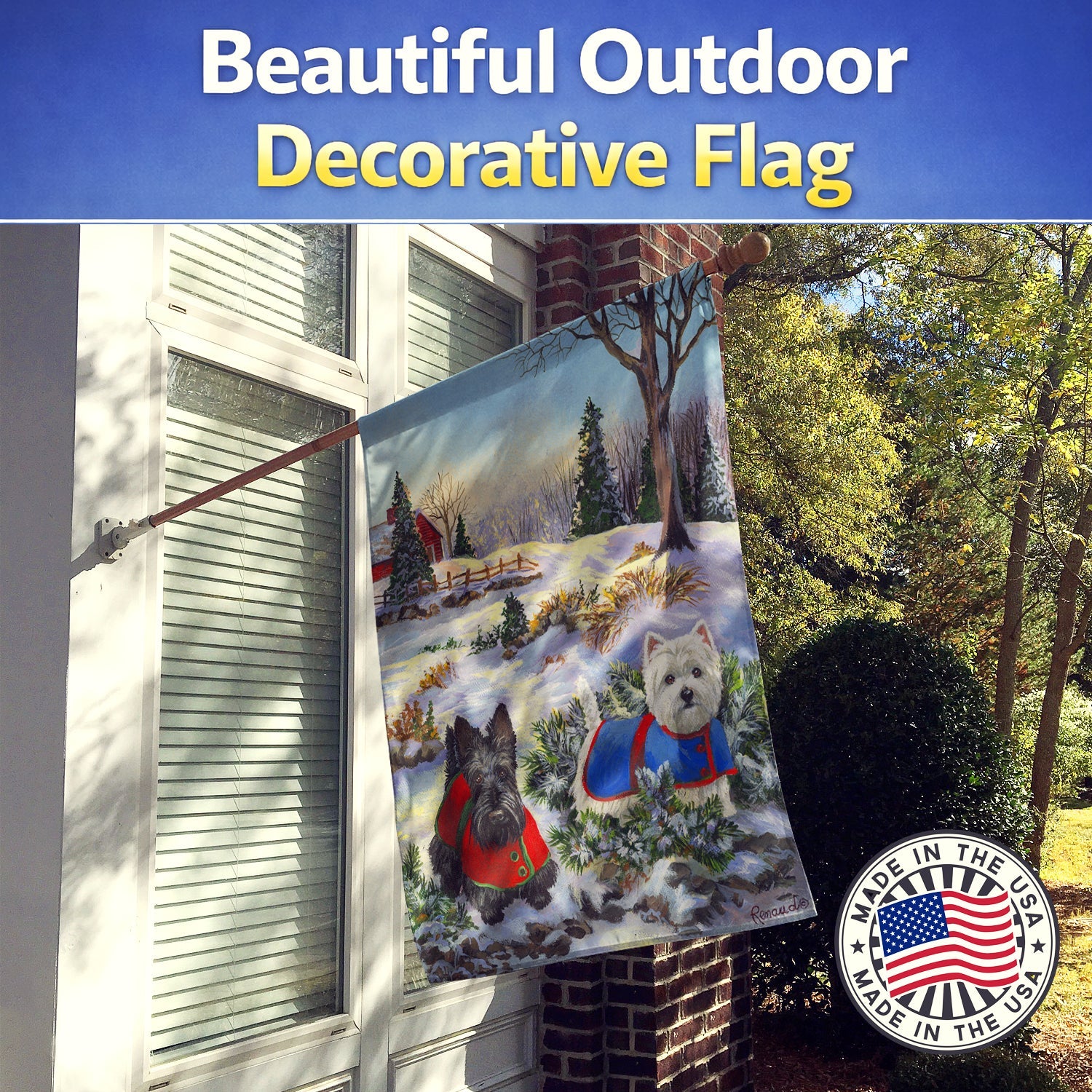 Scottie and Westie Christmas Pine Hill House Flag 28x40 Porch Sleeve Pole Decorative Outside Yard Banner Artwork Wall Hanging, Polyester