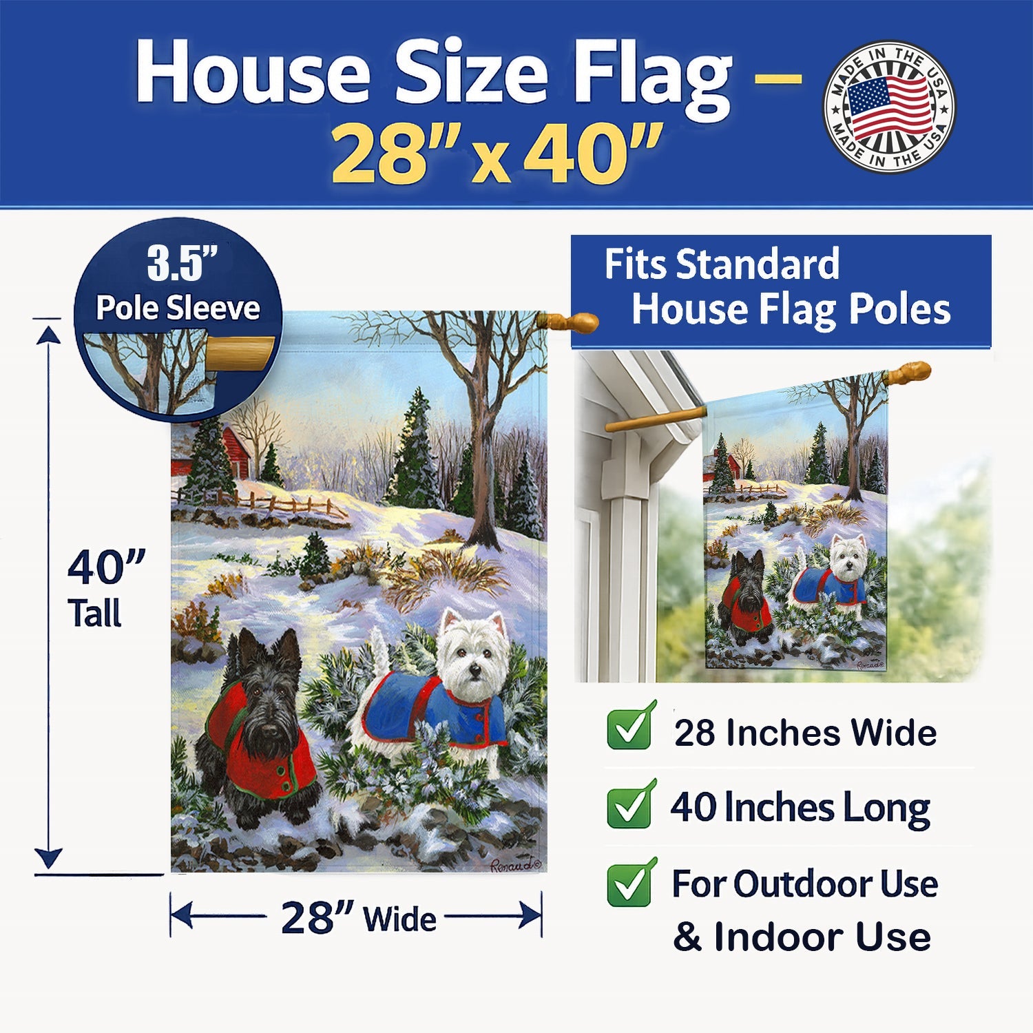 Scottie and Westie Christmas Pine Hill House Flag 28x40 Porch Sleeve Pole Decorative Outside Yard Banner Artwork Wall Hanging, Polyester