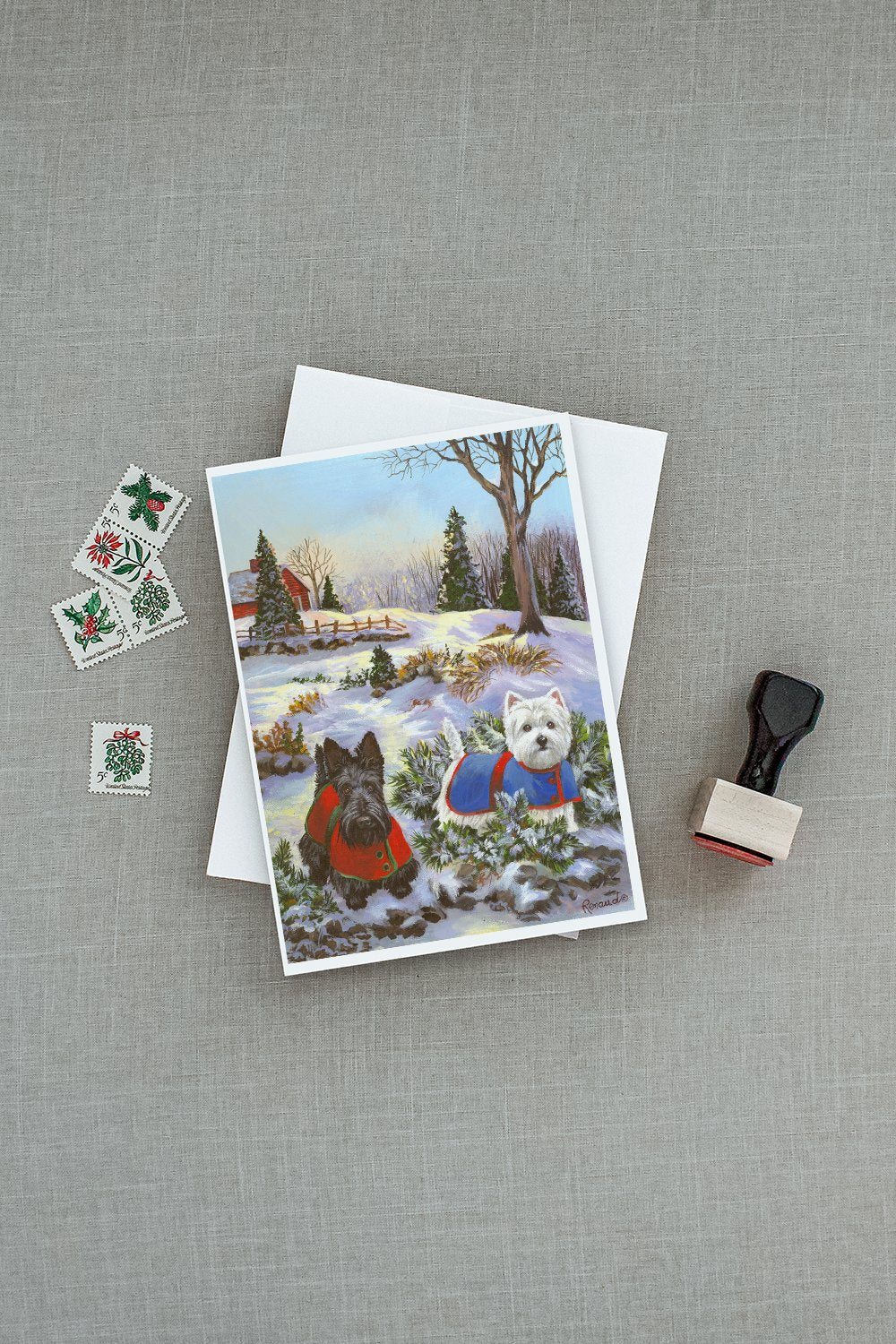 Scottie and Westie Christmas Pine Hill Greeting Cards Pack of 8 Blank Cards with Envelopes Whimsical A7 Size 5x7
