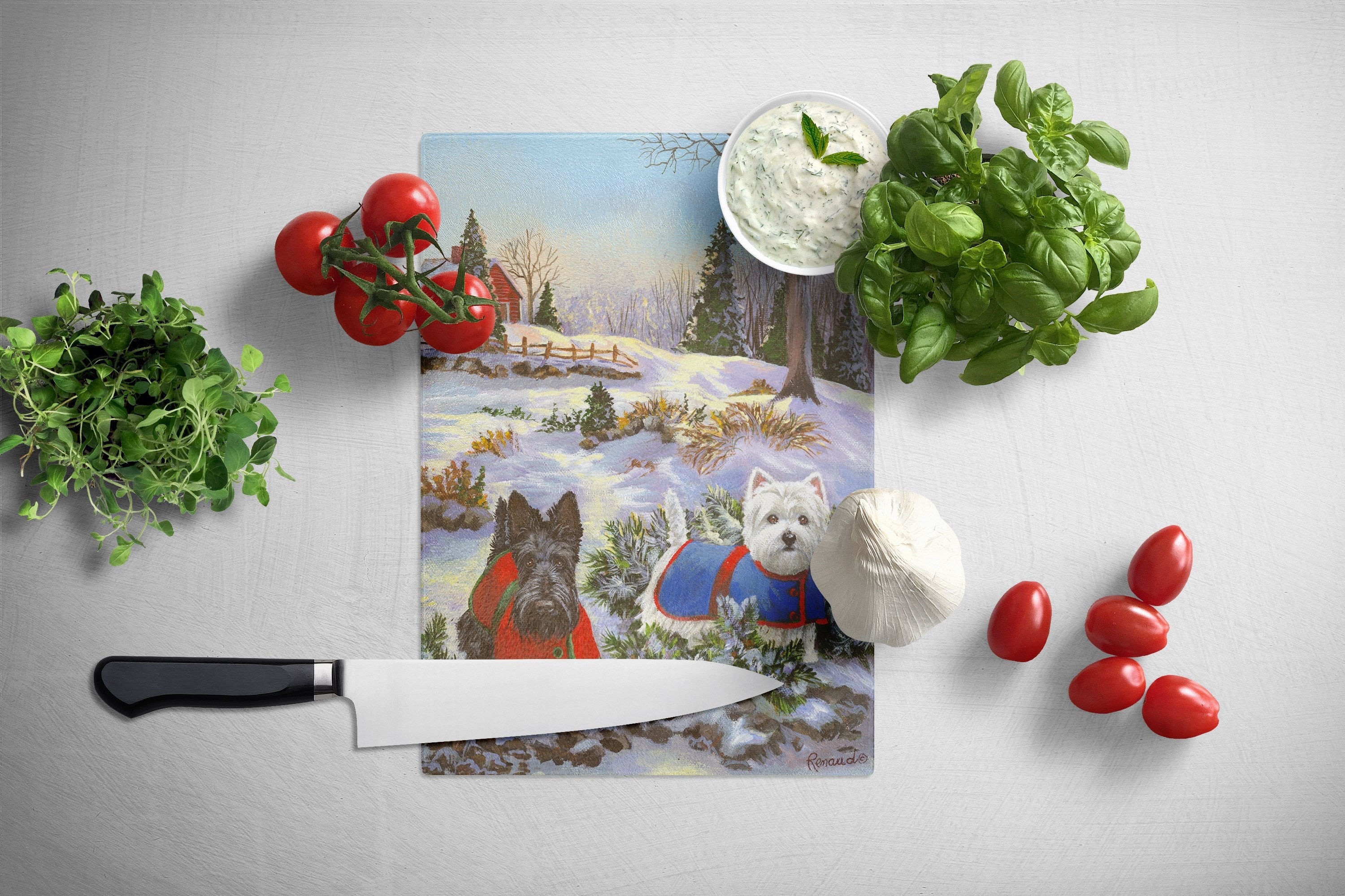 Scottie and Westie Christmas Pine Hill Cutting Board Tempered Glass Kitchen Cutting Surface, Heat Resistant Chopping, Non-Slip Feet, Food Prep & Serving