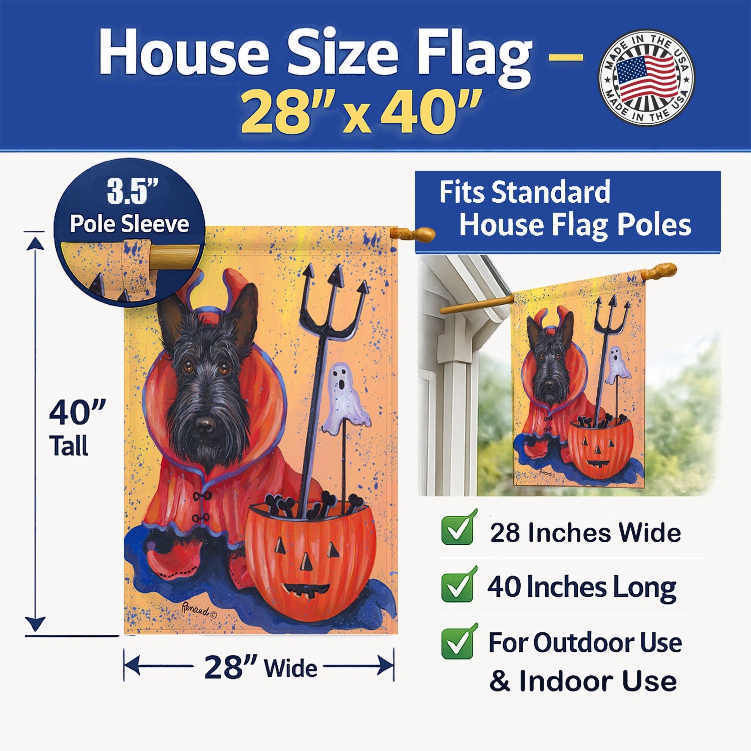 Scottie Boo Hoo Halloween House Flag 28x40 Porch Sleeve Pole Decorative Outside Yard Banner Artwork Wall Hanging, Polyester