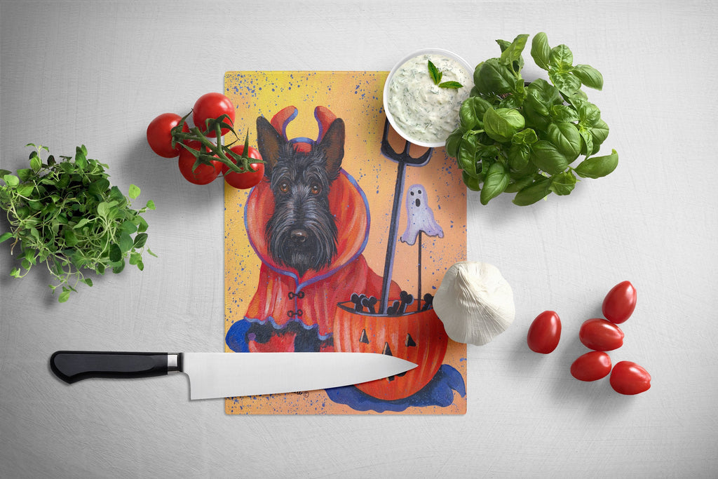 Scottie Boo Hoo Halloween Cutting Board Tempered Glass Kitchen Cutting Surface, Heat Resistant Chopping, Non-Slip Feet, Food Prep & Serving
