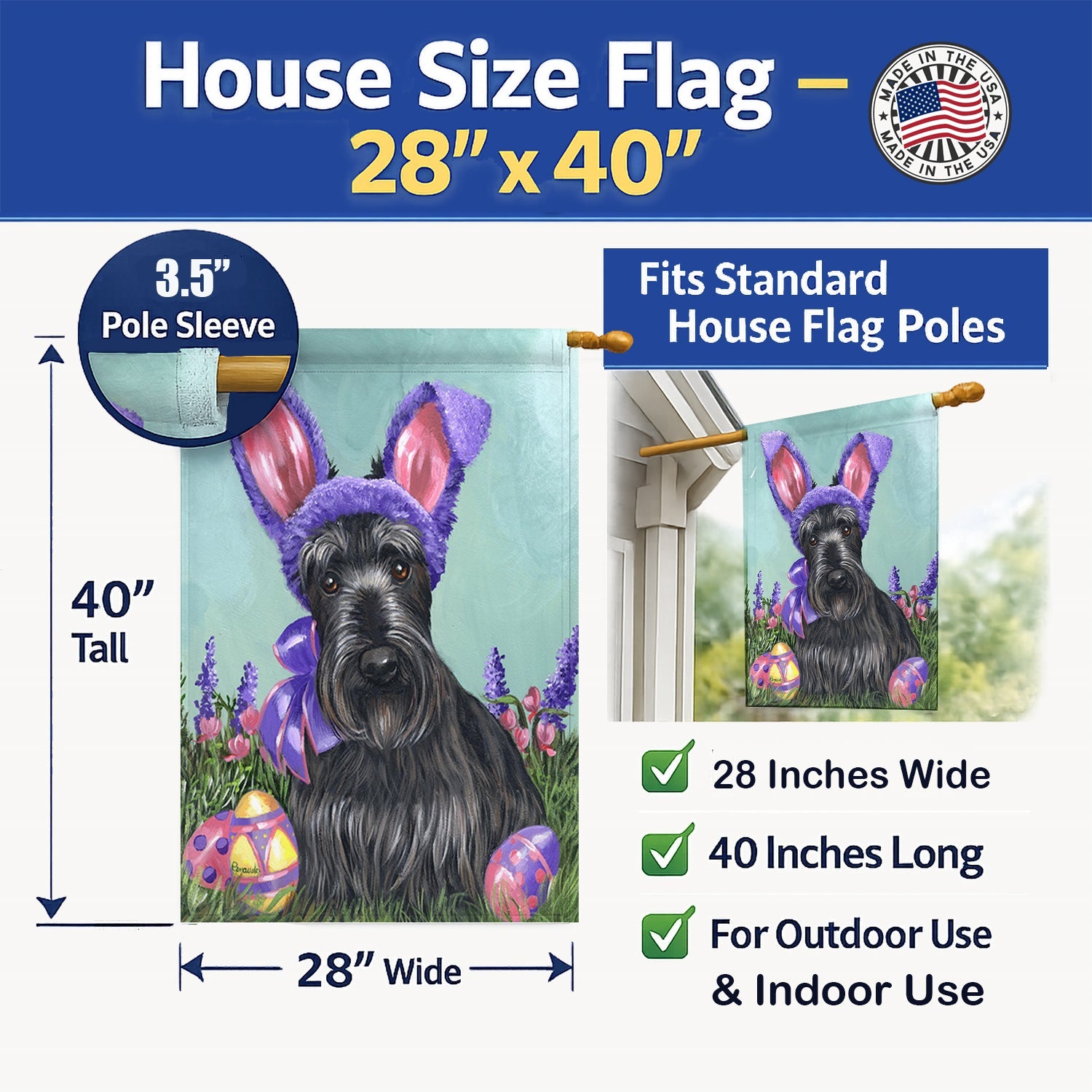 Scottie Easter Bunny House Flag 28x40 Porch Sleeve Pole Decorative Outside Yard Banner Artwork Wall Hanging, Polyester