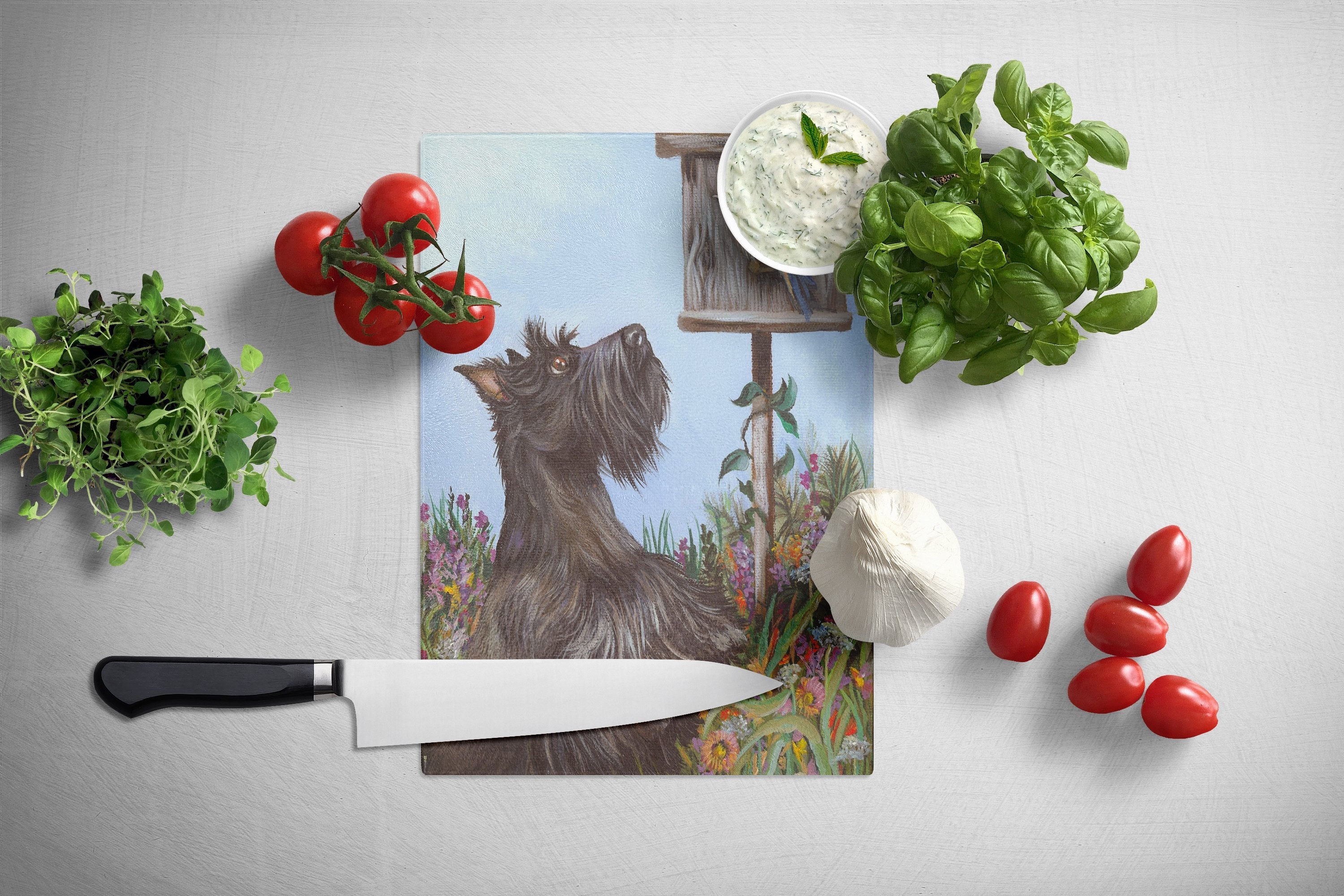 Scottie Curious Cutting Board Tempered Glass Kitchen Cutting Surface, Heat Resistant Chopping, Non-Slip Feet, Food Prep & Serving