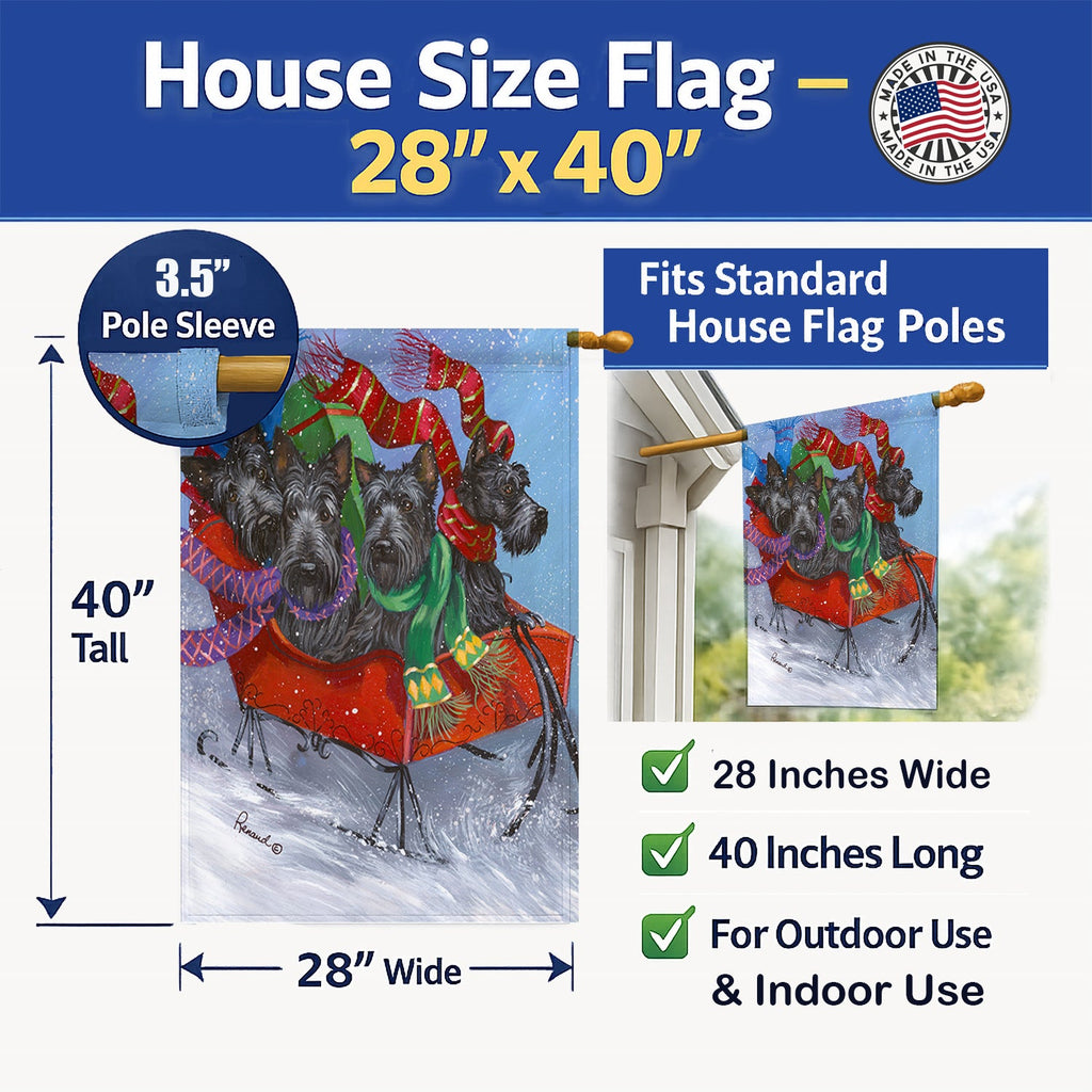 Scottie Christmas Dashing House Flag 28x40 Porch Sleeve Pole Decorative Outside Yard Banner Artwork Wall Hanging, Polyester