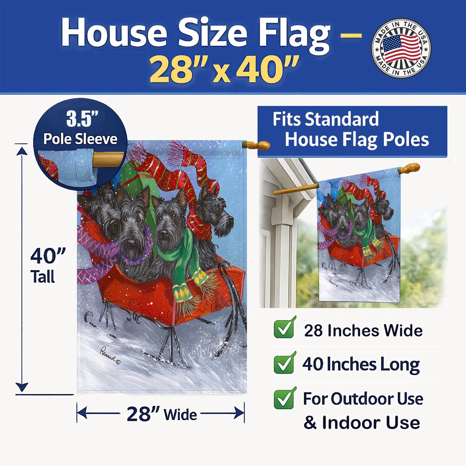 Scottie Christmas Dashing House Flag 28x40 Porch Sleeve Pole Decorative Outside Yard Banner Artwork Wall Hanging, Polyester