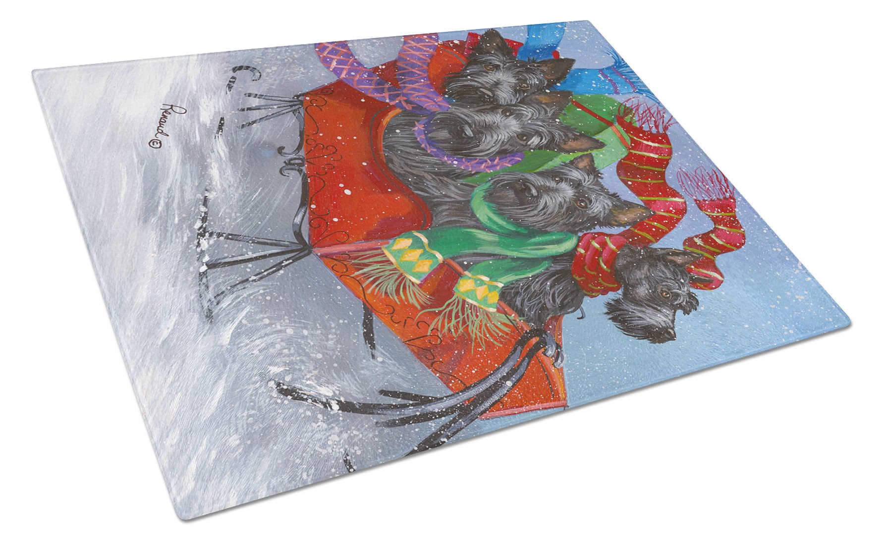 Scottie Christmas Dashing Cutting Board Tempered Glass Kitchen Cutting Surface, Heat Resistant Chopping, Non-Slip Feet, Food Prep & Serving