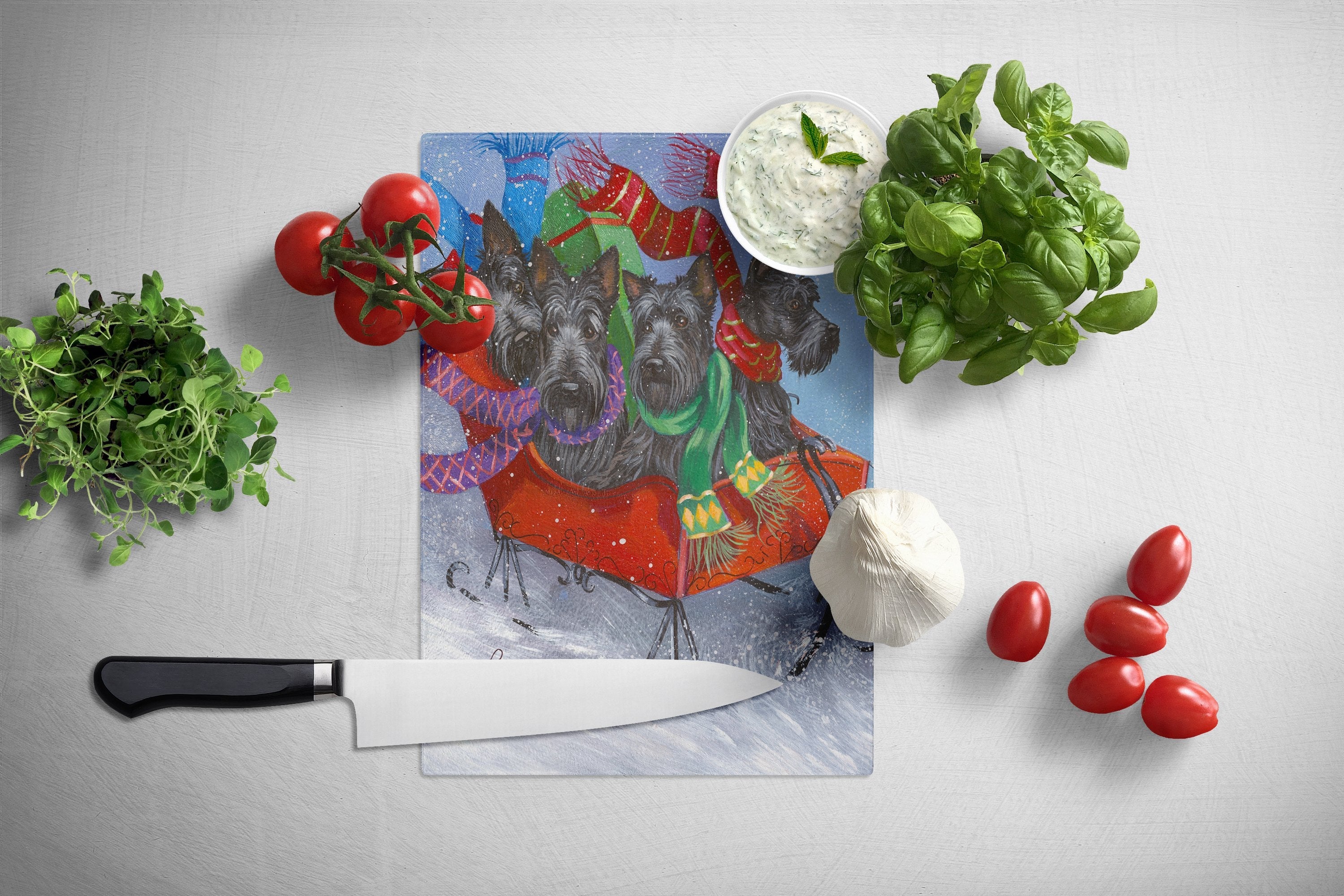 Scottie Christmas Dashing Cutting Board Tempered Glass Kitchen Cutting Surface, Heat Resistant Chopping, Non-Slip Feet, Food Prep & Serving