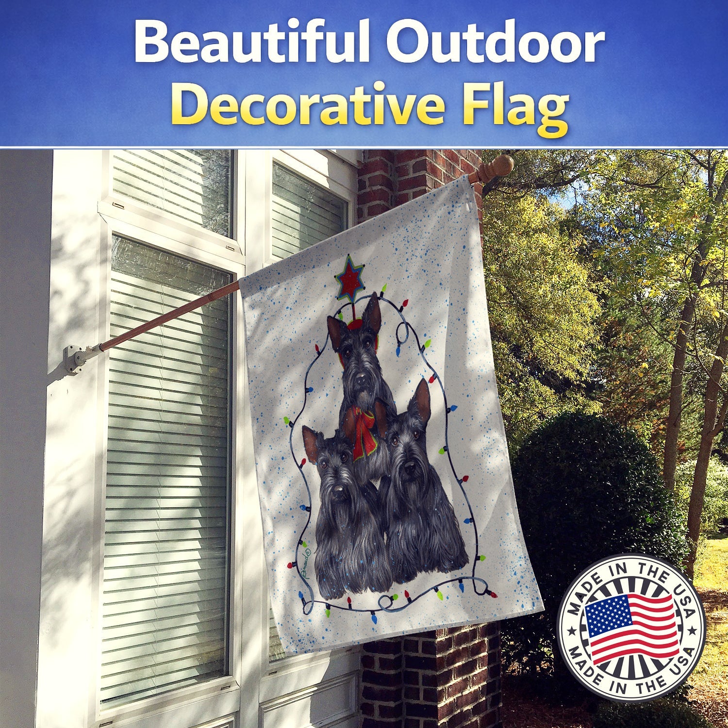Scottie Christmas Family Tree House Flag 28x40 Porch Sleeve Pole Decorative Outside Yard Banner Artwork Wall Hanging, Polyester