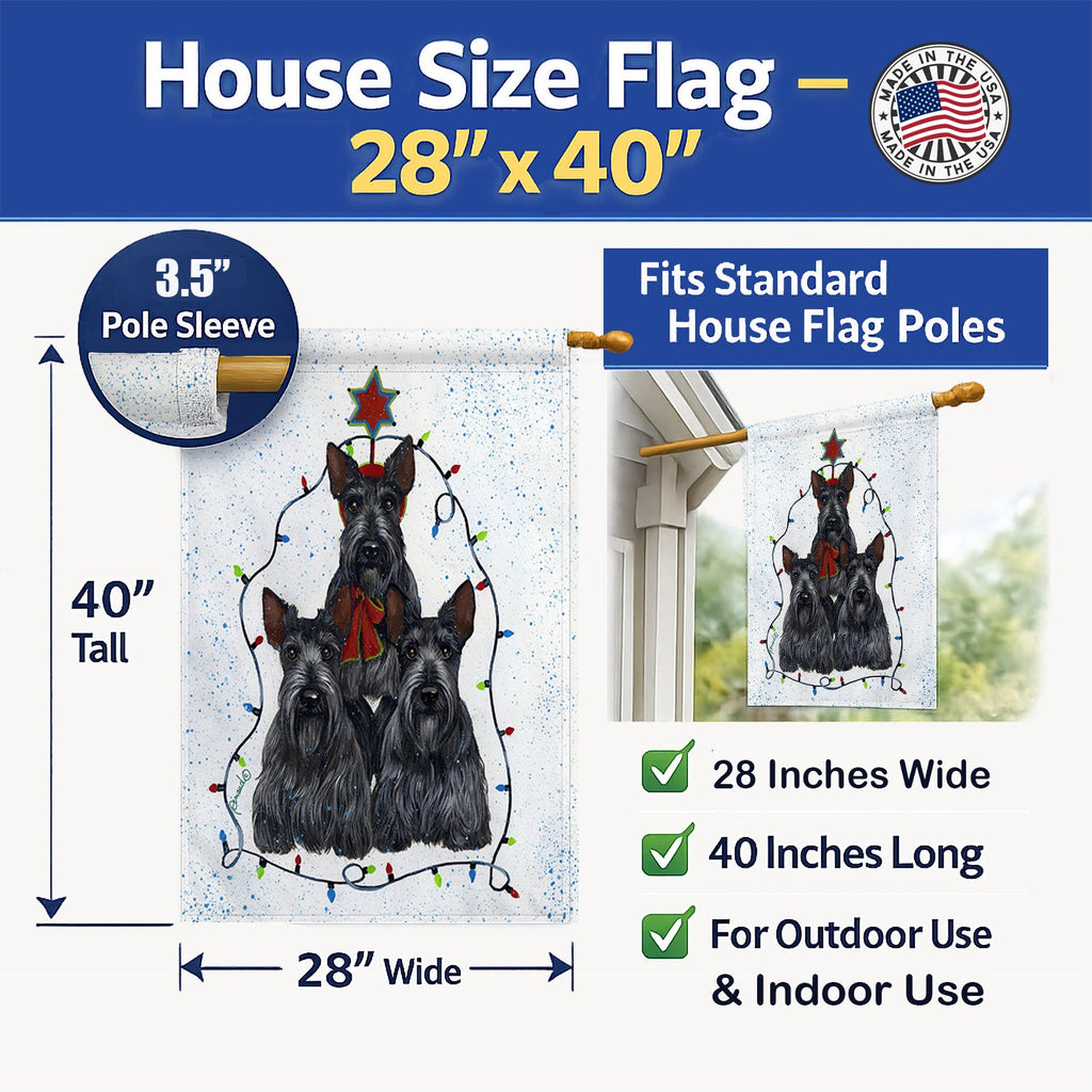 Scottie Christmas Family Tree House Flag 28x40 Porch Sleeve Pole Decorative Outside Yard Banner Artwork Wall Hanging, Polyester