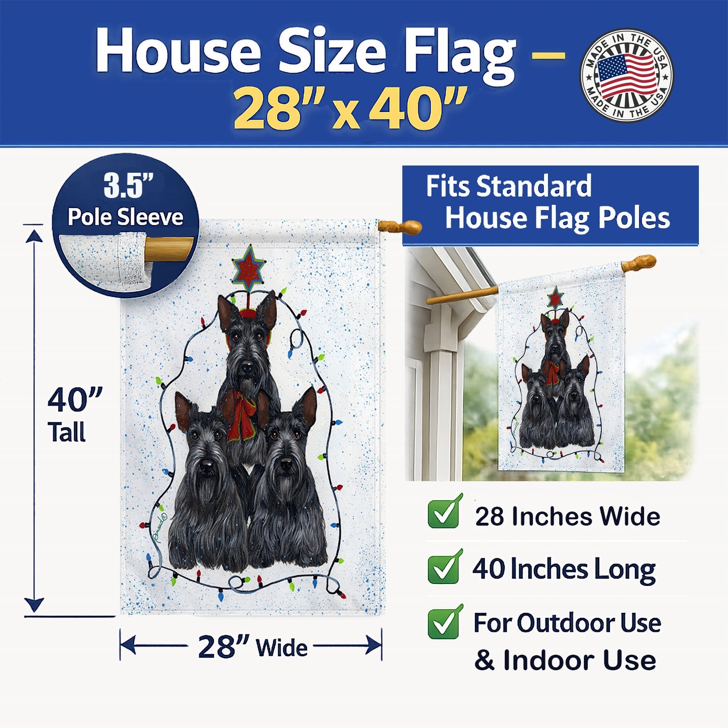 Scottie Christmas Family Tree House Flag 28x40 Porch Sleeve Pole Decorative Outside Yard Banner Artwork Wall Hanging, Polyester