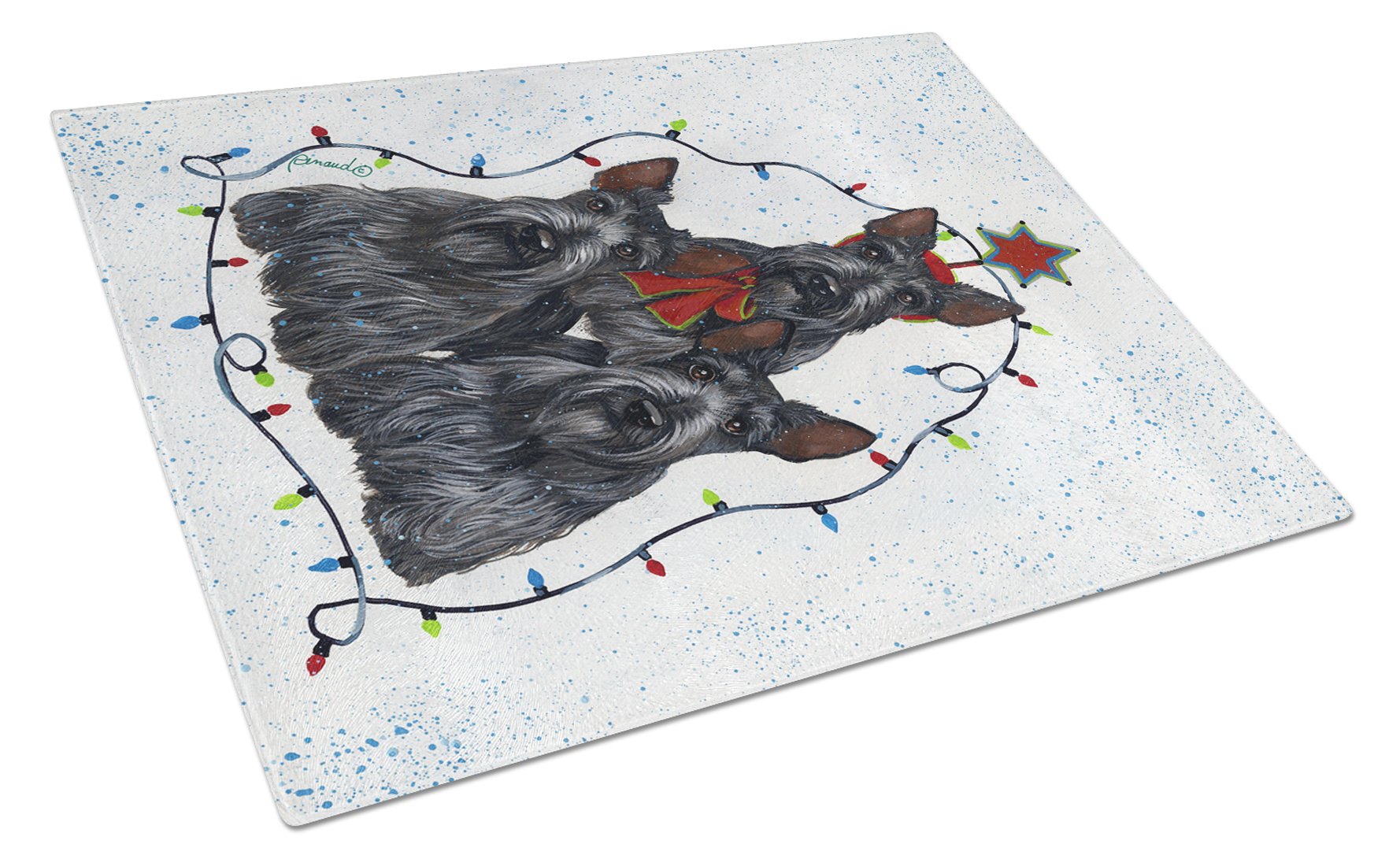Scottie Christmas Family Tree Cutting Board Tempered Glass Kitchen Cutting Surface, Heat Resistant Chopping, Non-Slip Feet, Food Prep & Serving