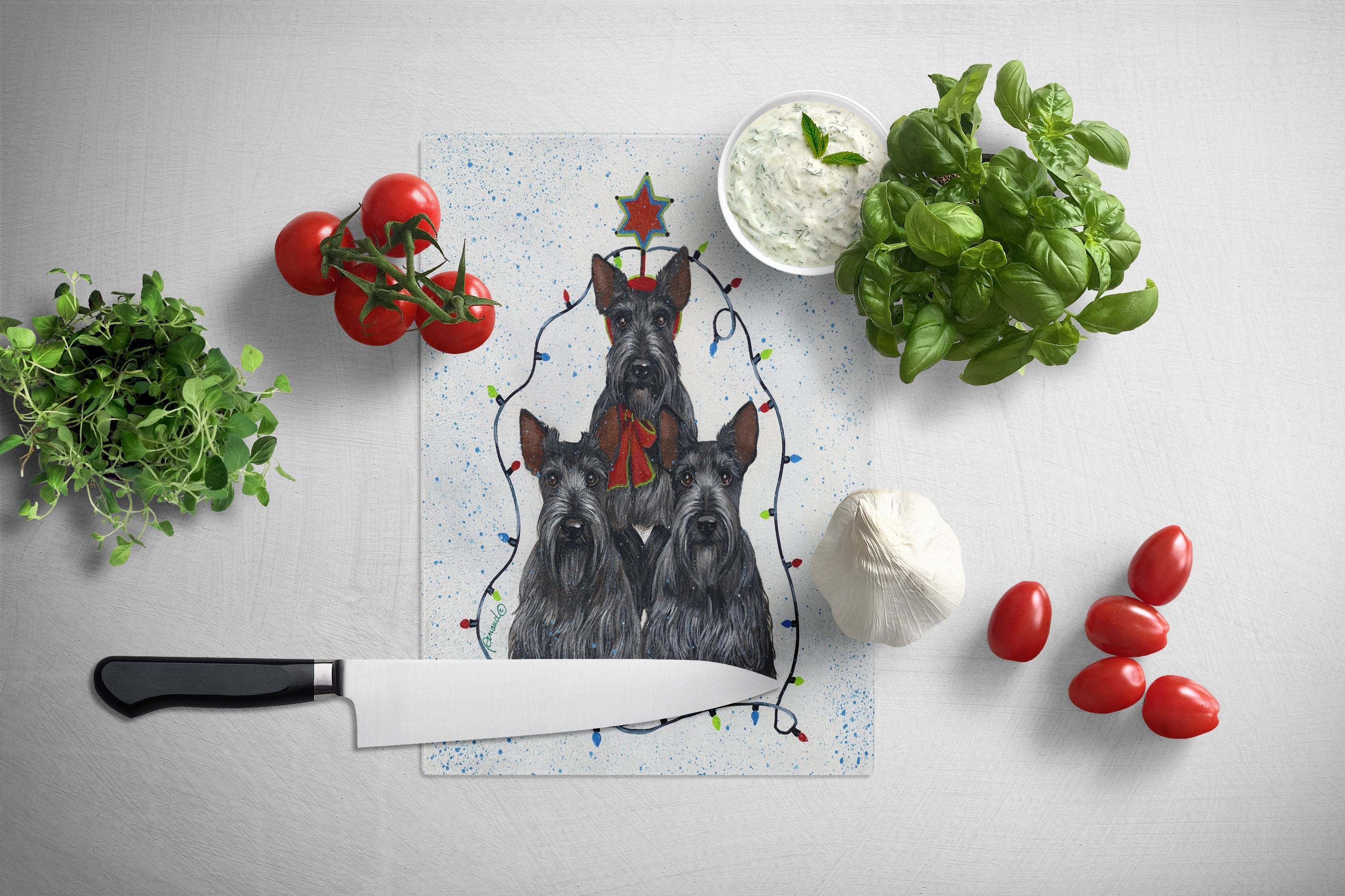 Scottie Christmas Family Tree Cutting Board Tempered Glass Kitchen Cutting Surface, Heat Resistant Chopping, Non-Slip Feet, Food Prep & Serving