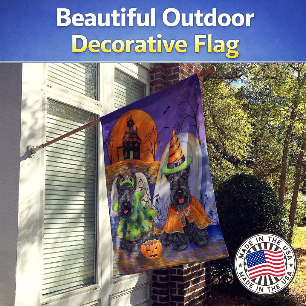 Scottie Halloween Haunted House House Flag 28x40 Porch Sleeve Pole Decorative Outside Yard Banner Artwork Wall Hanging, Polyester