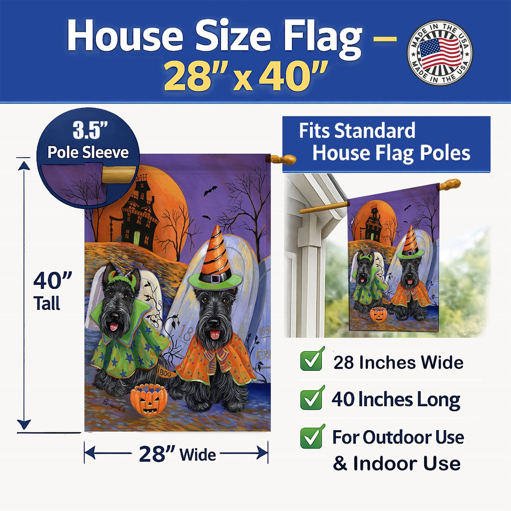 Scottie Halloween Haunted House House Flag 28x40 Porch Sleeve Pole Decorative Outside Yard Banner Artwork Wall Hanging, Polyester