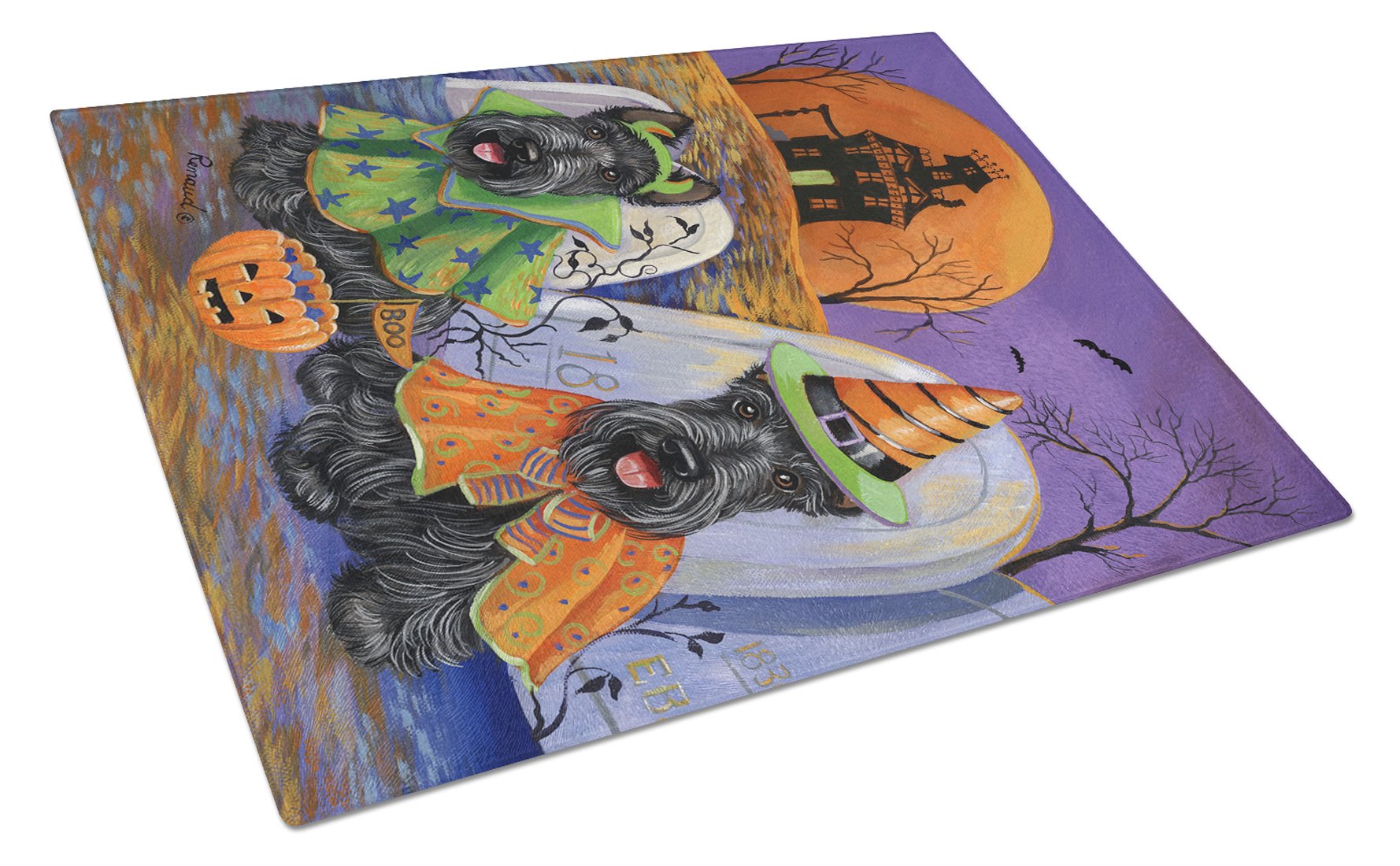 Scottie Halloween Haunted House Cutting Board Tempered Glass Kitchen Cutting Surface, Heat Resistant Chopping, Non-Slip Feet, Food Prep & Serving