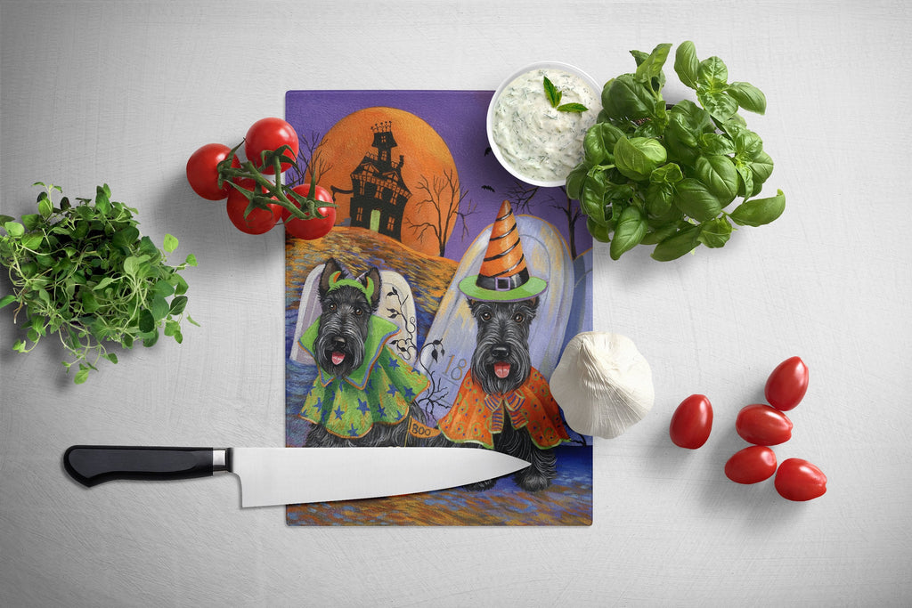 Scottie Halloween Haunted House Cutting Board Tempered Glass Kitchen Cutting Surface, Heat Resistant Chopping, Non-Slip Feet, Food Prep & Serving