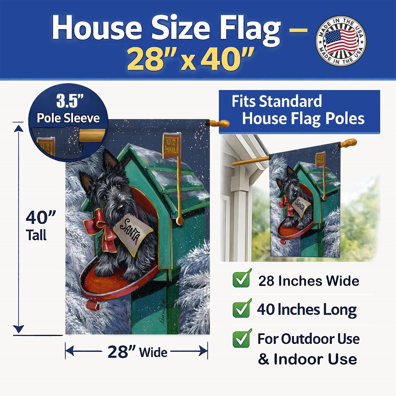 Scottie Christmas Letter to Santa House Flag 28x40 Porch Sleeve Pole Decorative Outside Yard Banner Artwork Wall Hanging, Polyester