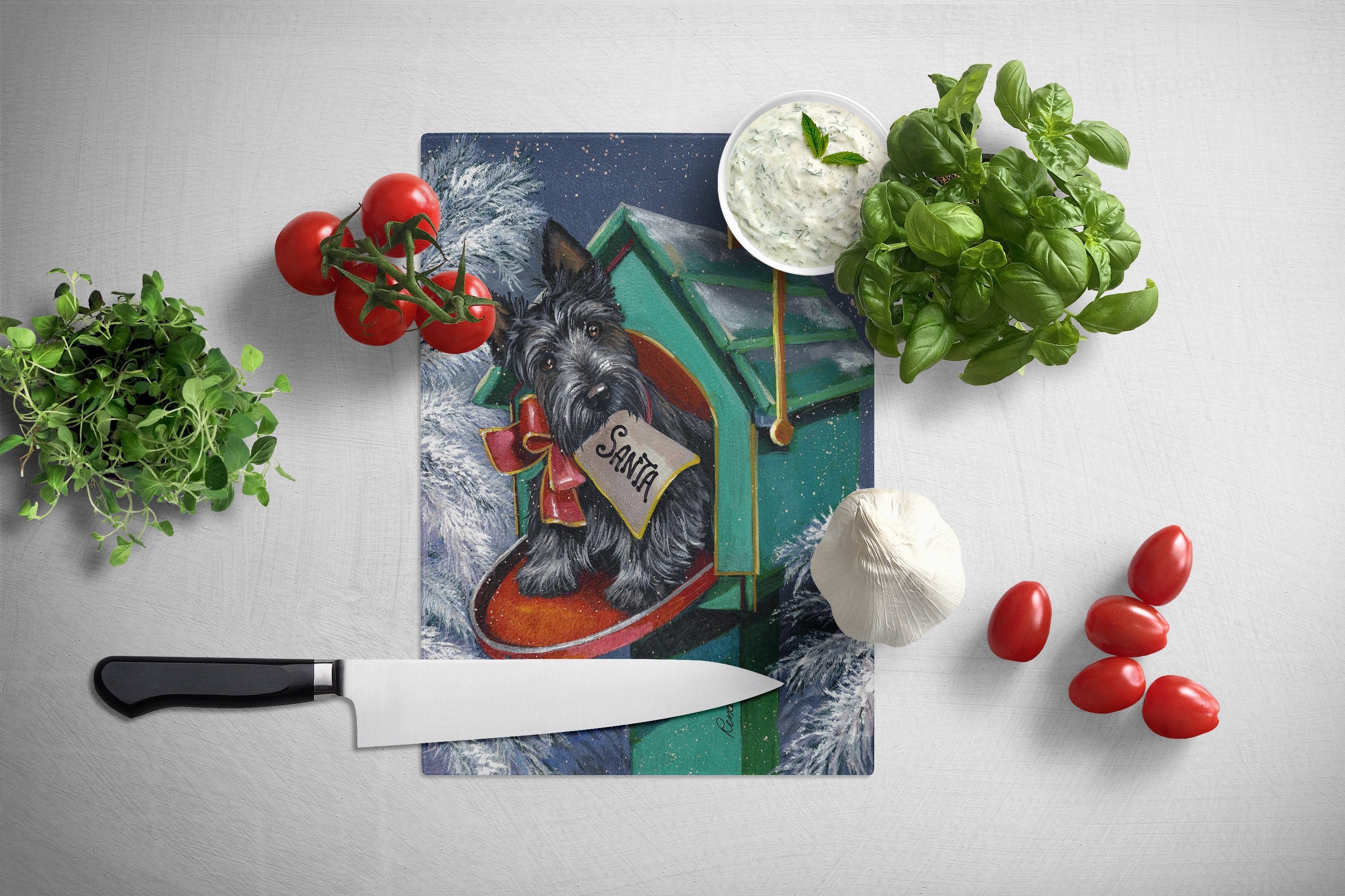 Scottie Christmas Letter to Santa Cutting Board Tempered Glass Kitchen Cutting Surface, Heat Resistant Chopping, Non-Slip Feet, Food Prep & Serving
