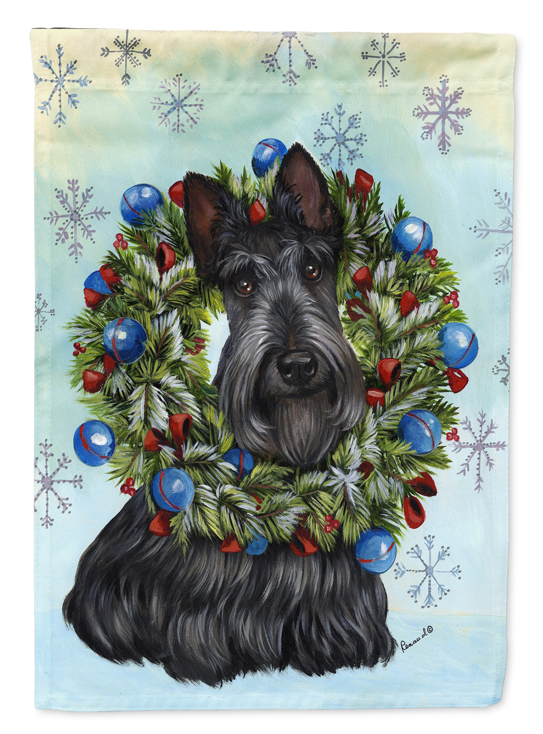 Scottie Christmas Snowflake House Flag 28x40 Porch Sleeve Pole Decorative Outside Yard Banner Artwork Wall Hanging, Polyester