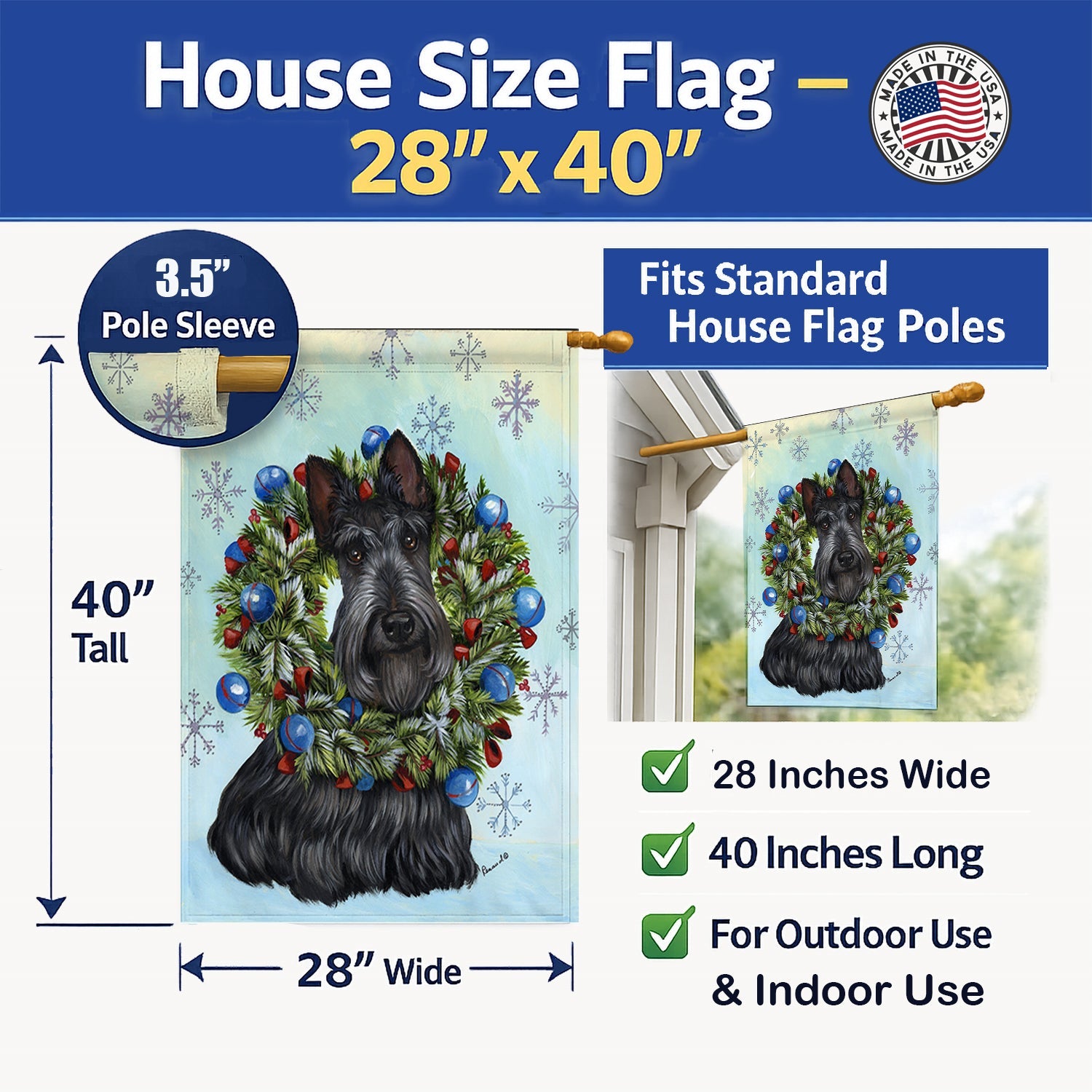 Scottie Christmas Snowflake House Flag 28x40 Porch Sleeve Pole Decorative Outside Yard Banner Artwork Wall Hanging, Polyester
