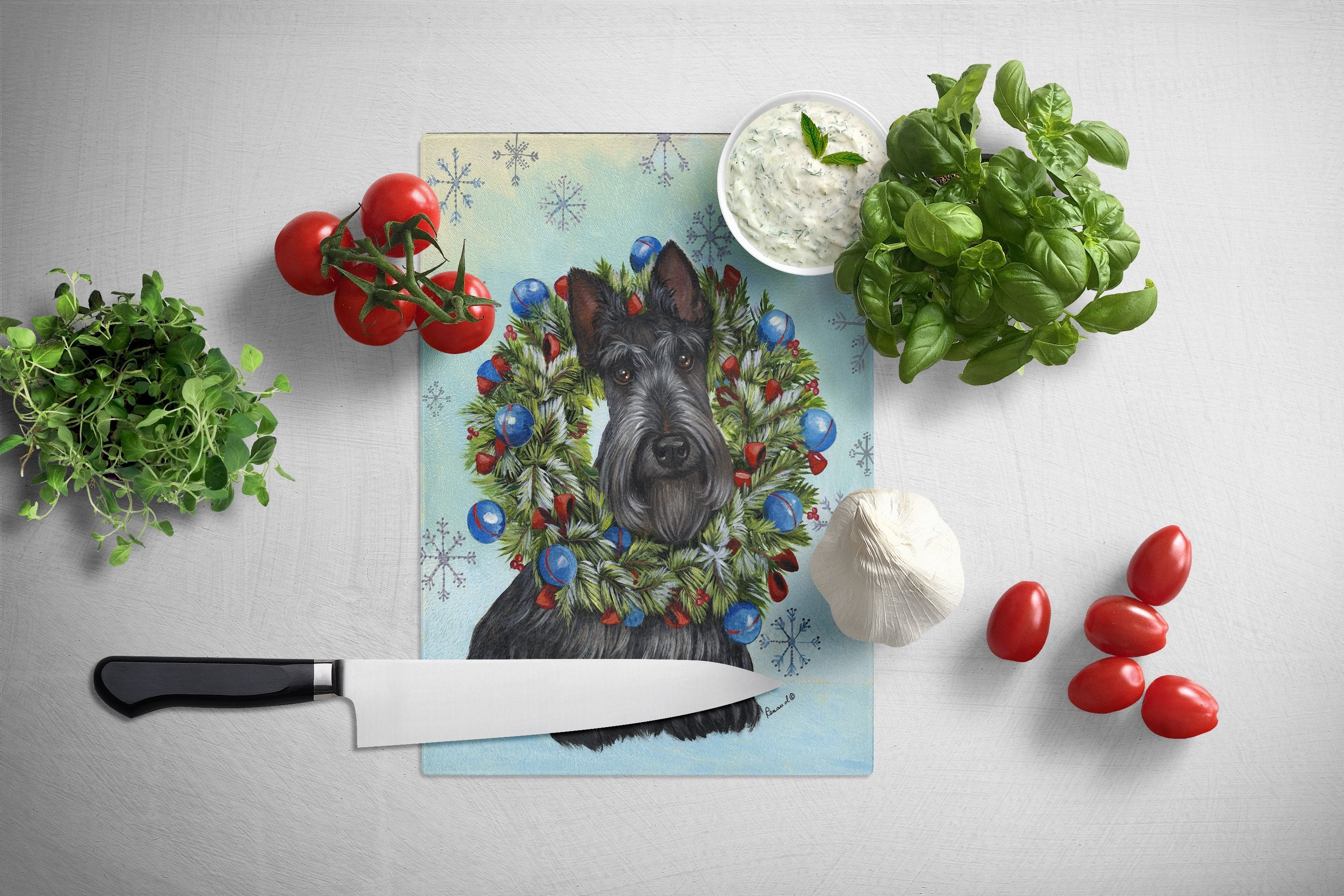 Scottie Christmas Snowflake Cutting Board Tempered Glass Kitchen Cutting Surface, Heat Resistant Chopping, Non-Slip Feet, Food Prep & Serving