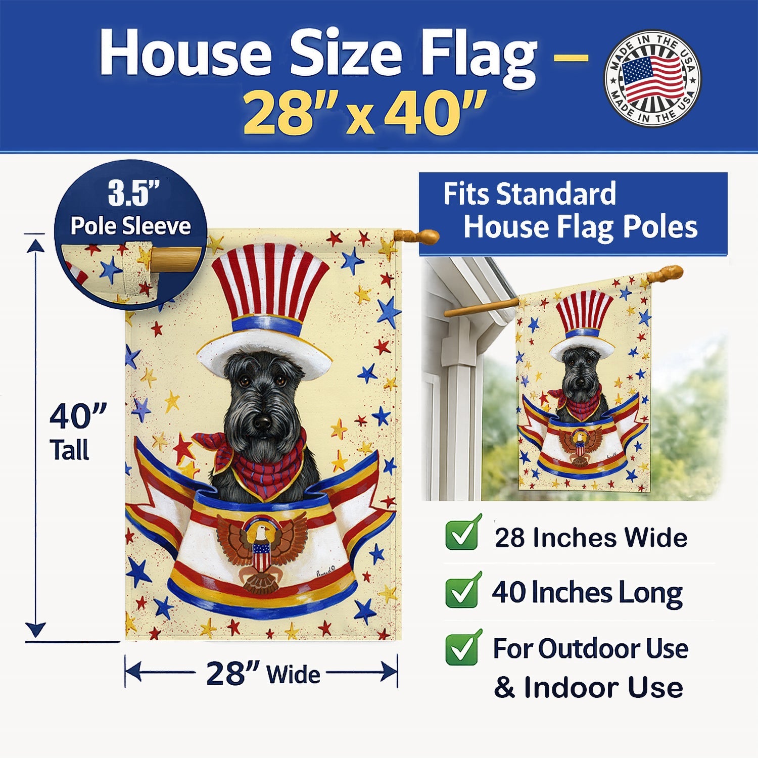 Scottie USA House Flag 28x40 Porch Sleeve Pole Decorative Outside Yard Banner Artwork Wall Hanging, Polyester