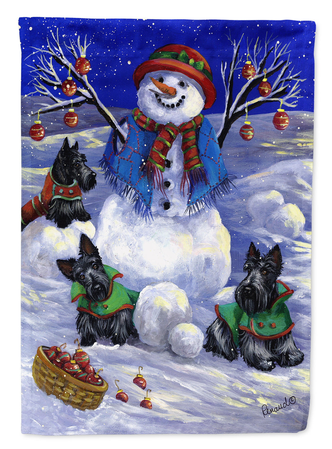 Scottie Christmas Snowman House Flag 28x40 Porch Sleeve Pole Decorative Outside Yard Banner Artwork Wall Hanging, Polyester