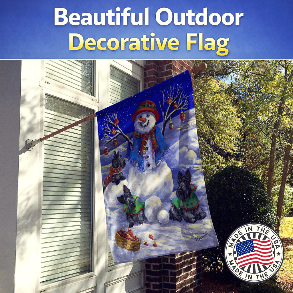 Scottie Christmas Snowman House Flag 28x40 Porch Sleeve Pole Decorative Outside Yard Banner Artwork Wall Hanging, Polyester