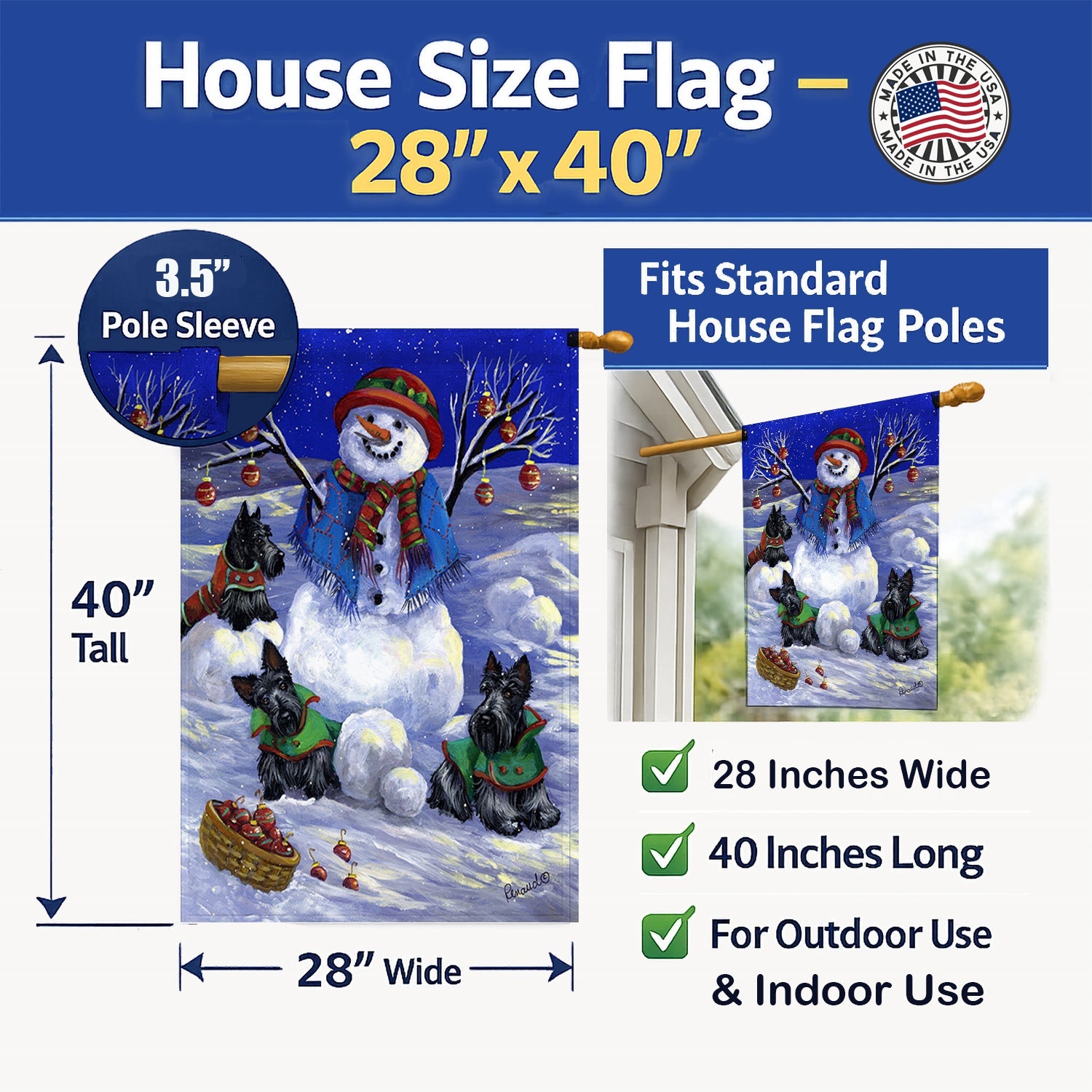Scottie Christmas Snowman House Flag 28x40 Porch Sleeve Pole Decorative Outside Yard Banner Artwork Wall Hanging, Polyester