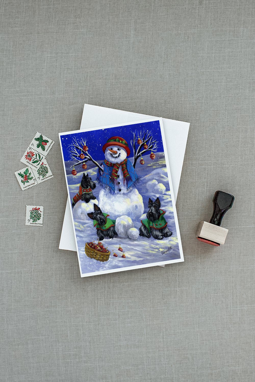 Scottie Christmas Snowman Greeting Cards Pack of 8 Blank Cards with Envelopes Whimsical A7 Size 5x7