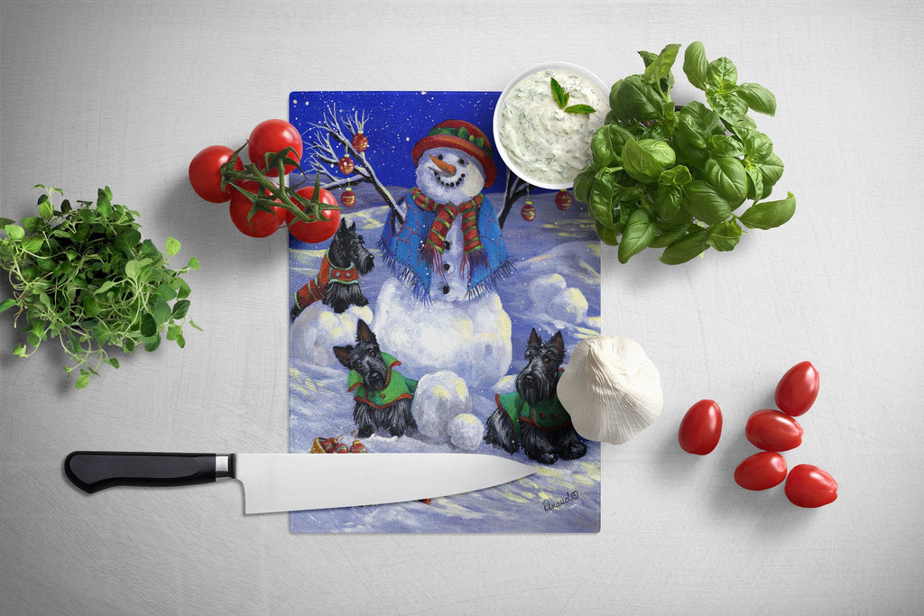 Scottie Christmas Snowman Cutting Board Tempered Glass Kitchen Cutting Surface, Heat Resistant Chopping, Non-Slip Feet, Food Prep & Serving