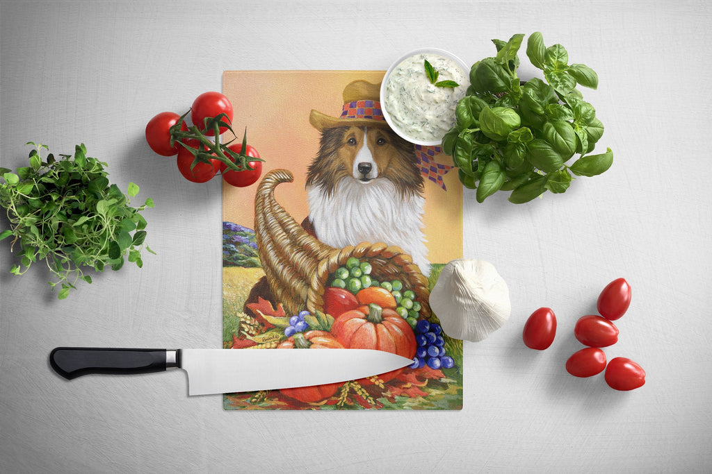 Sheltie Autumn Cutting Board Tempered Glass Kitchen Cutting Surface, Heat Resistant Chopping, Non-Slip Feet, Food Prep & Serving