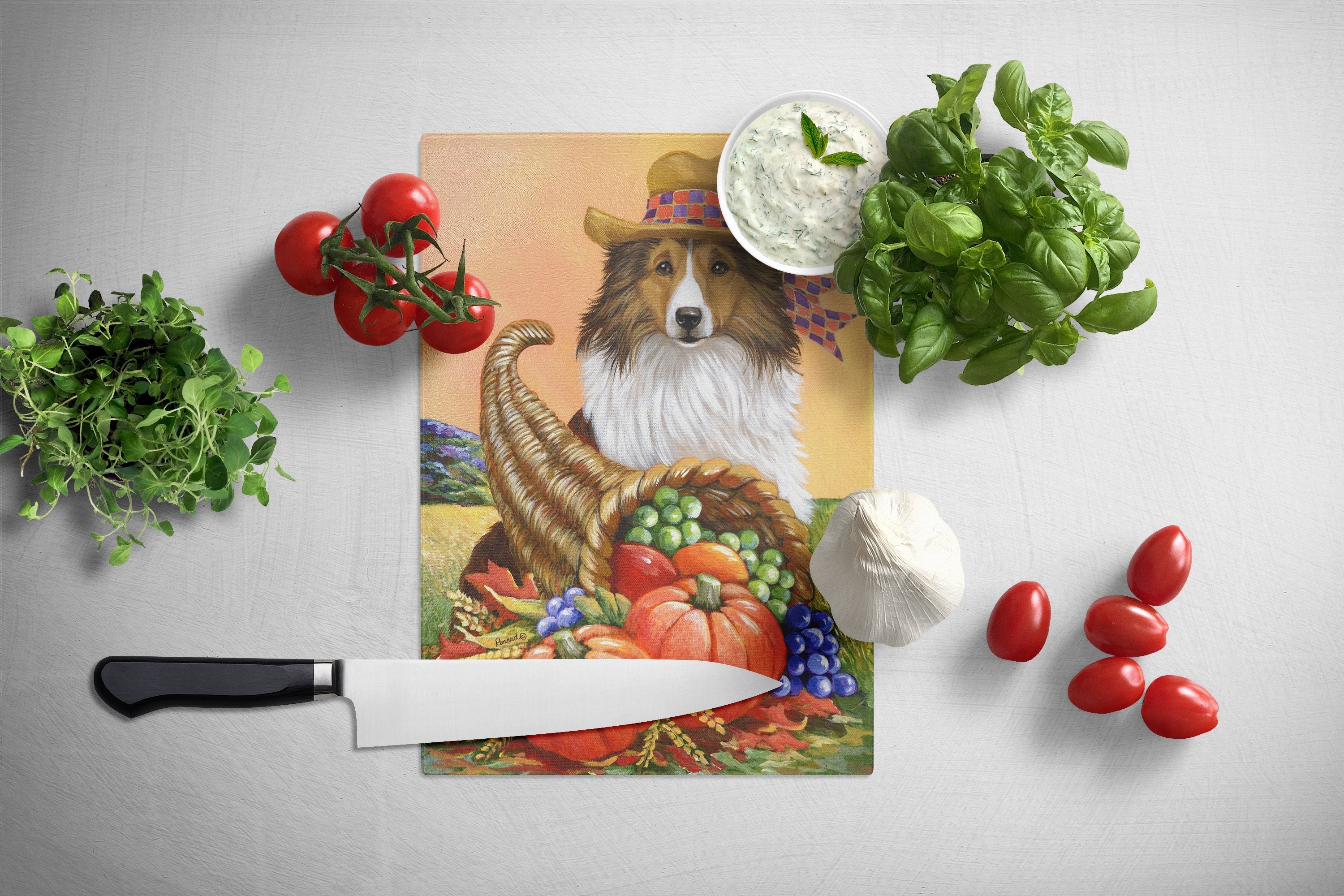 Sheltie Autumn Cutting Board Tempered Glass Kitchen Cutting Surface, Heat Resistant Chopping, Non-Slip Feet, Food Prep & Serving