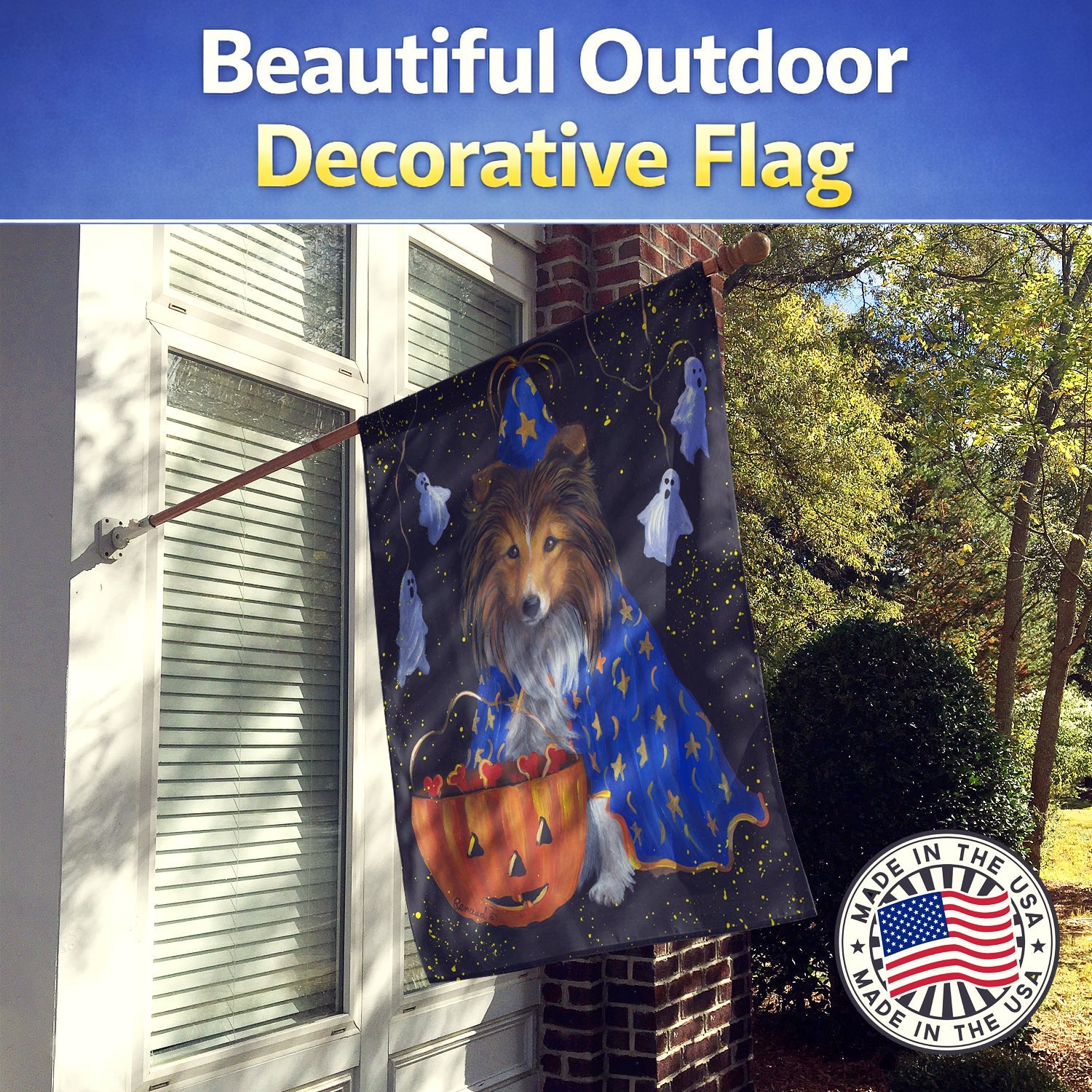 Sheltie Halloween Witch House Flag 28x40 Porch Sleeve Pole Decorative Outside Yard Banner Artwork Wall Hanging, Polyester