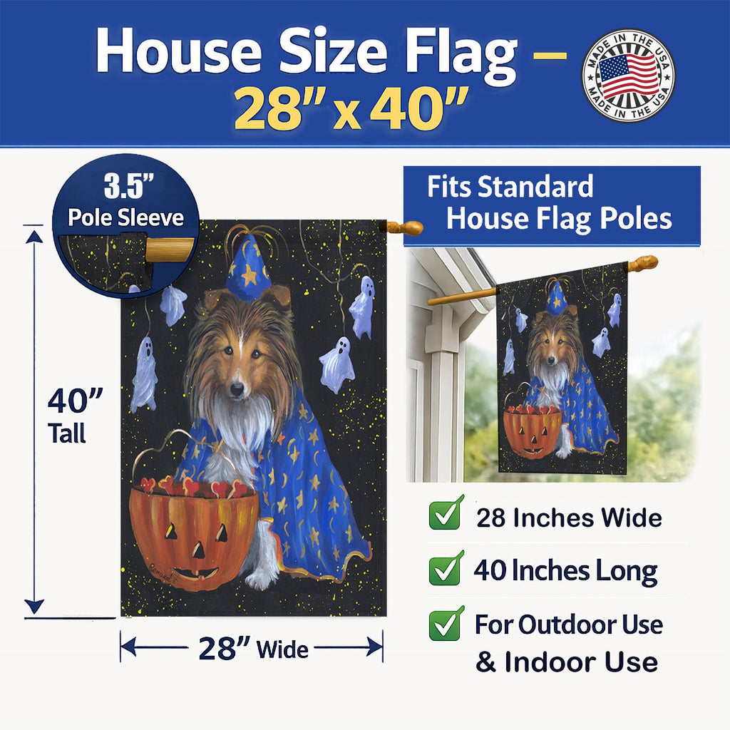 Sheltie Halloween Witch House Flag 28x40 Porch Sleeve Pole Decorative Outside Yard Banner Artwork Wall Hanging, Polyester